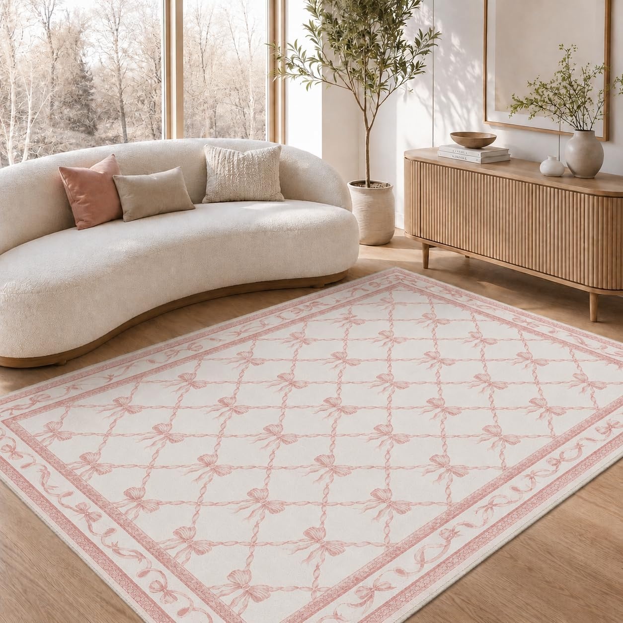 image:imageGENIMO Area Rugs 6X9 for Living Room Bedroom Machine Washable Non Slip Flower Bow Rug Low Pile Soft Cute Floral Rug for Dining Room Girls Room Nursery Room and Playroom Pink BowPink Bow
