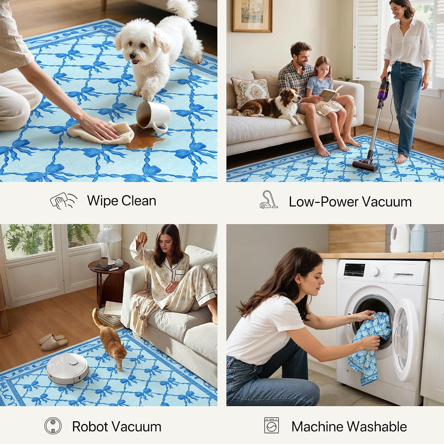 image:imageGENIMO Area Rugs 6X9 for Living Room Bedroom Machine Washable Non Slip Flower Bow Rug Low Pile Soft Cute Floral Rug for Dining Room Girls Room Nursery Room and Playroom Pink BowBlue Bow