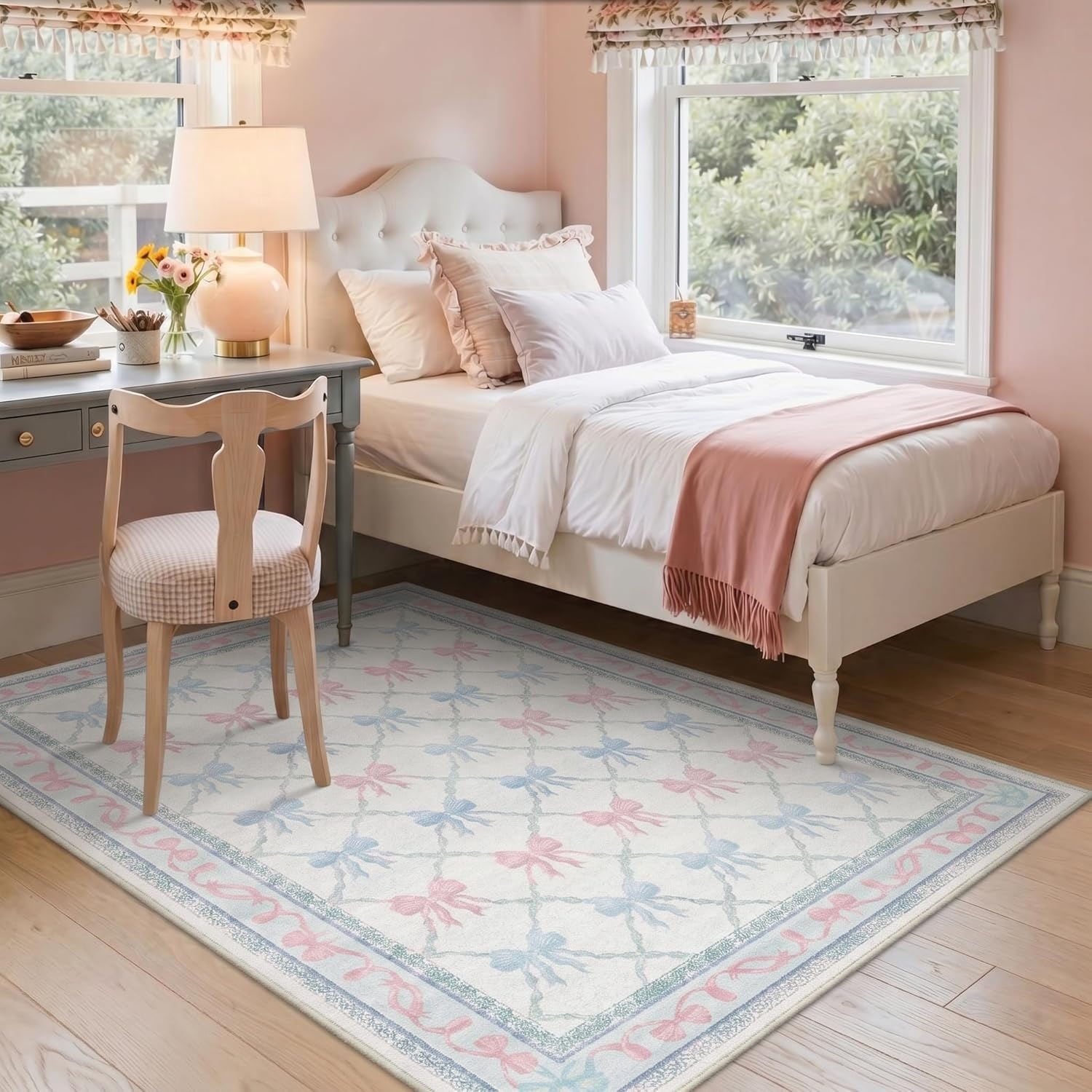 image:imageGENIMO Area Rugs 6X9 for Living Room Bedroom Machine Washable Non Slip Flower Bow Rug Low Pile Soft Cute Floral Rug for Dining Room Girls Room Nursery Room and Playroom Pink BowBlue Pink Bow