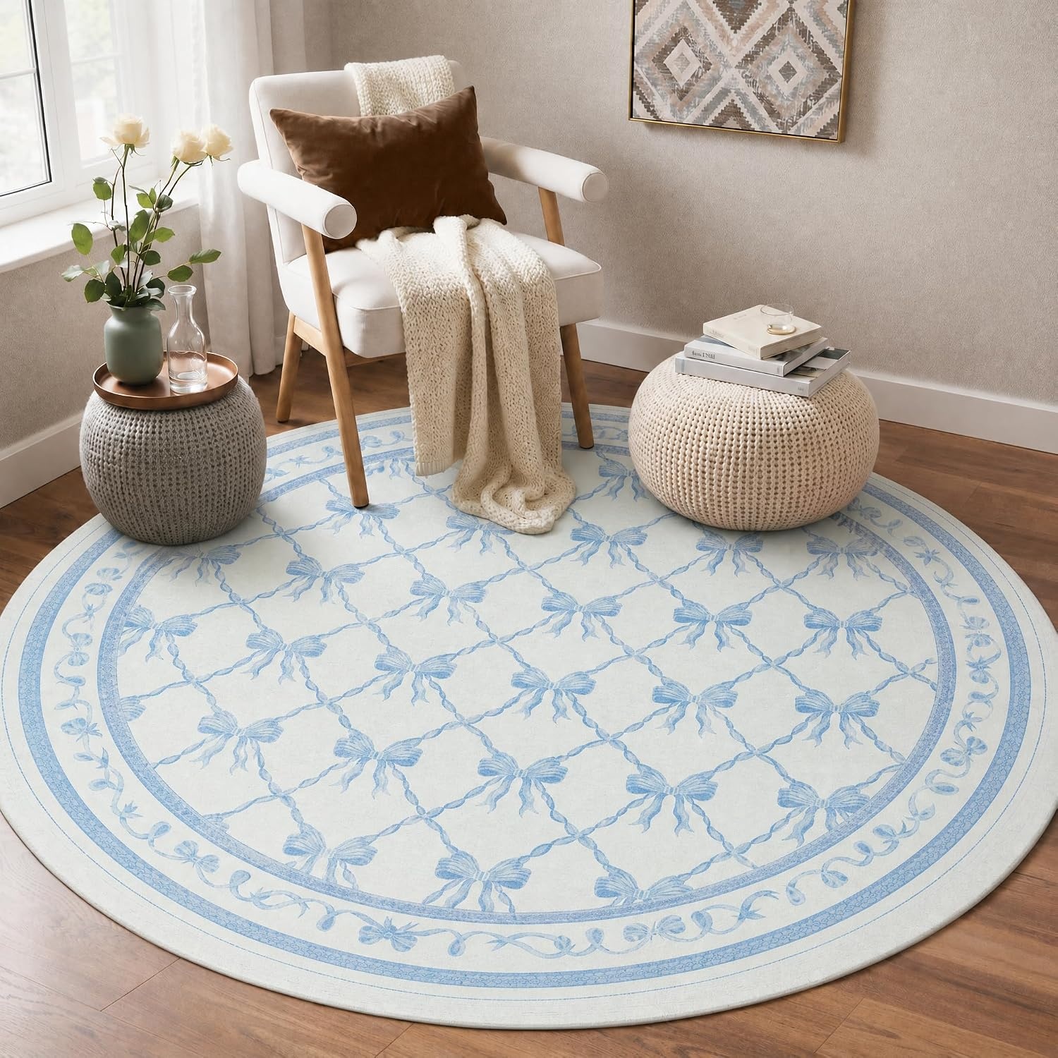 image:imageGENIMO Area Rugs 6X9 for Living Room Bedroom Machine Washable Non Slip Flower Bow Rug Low Pile Soft Cute Floral Rug for Dining Room Girls Room Nursery Room and Playroom Pink BowSky Blue Bow