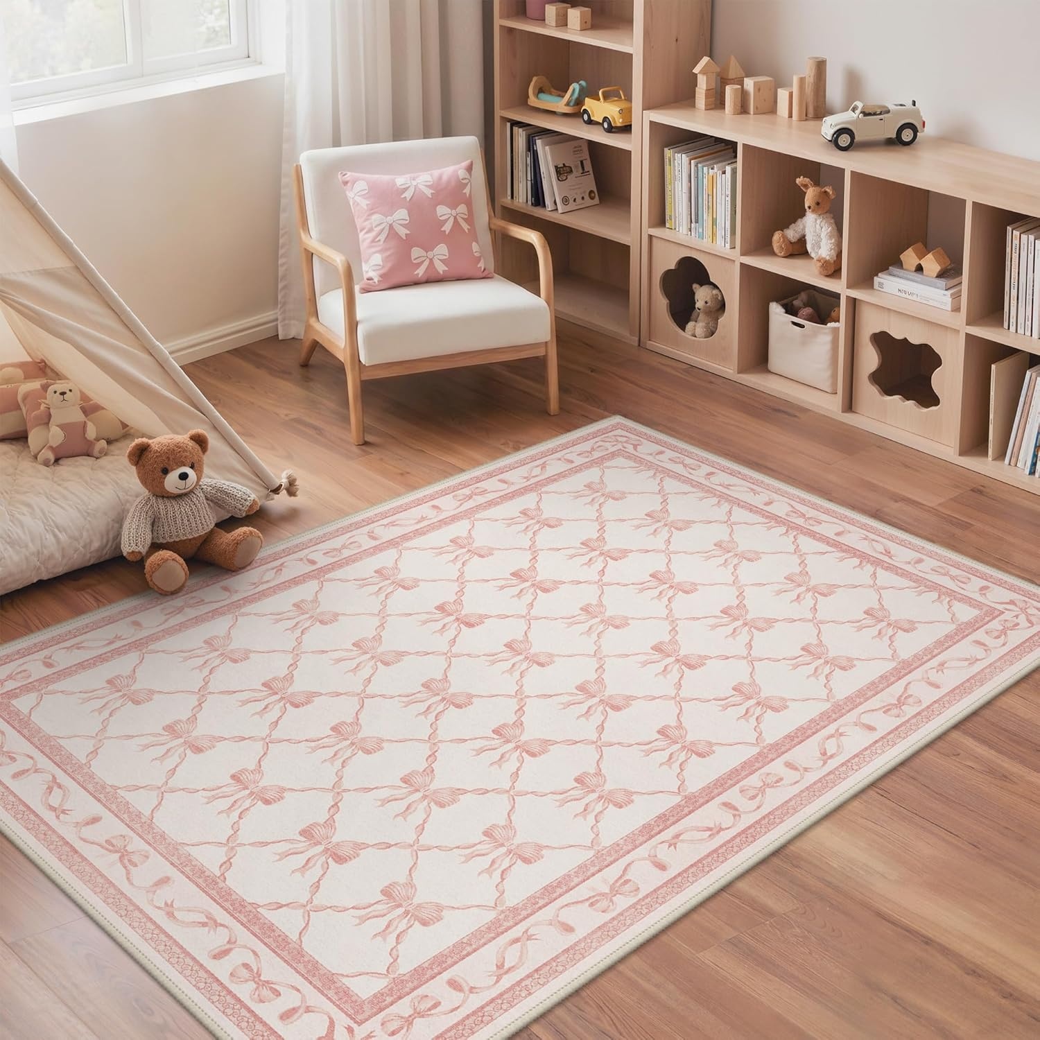 image:imageGENIMO Area Rugs 6X9 for Living Room Bedroom Machine Washable Non Slip Flower Bow Rug Low Pile Soft Cute Floral Rug for Dining Room Girls Room Nursery Room and Playroom Pink BowPink Bow