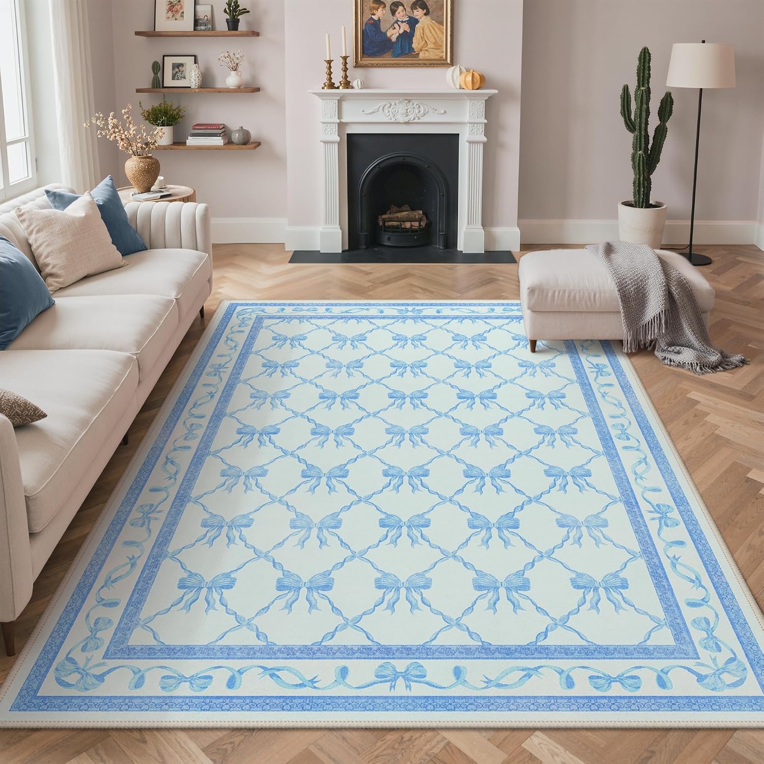 image:imageGENIMO Area Rugs 6X9 for Living Room Bedroom Machine Washable Non Slip Flower Bow Rug Low Pile Soft Cute Floral Rug for Dining Room Girls Room Nursery Room and Playroom Pink BowSky Blue Bow