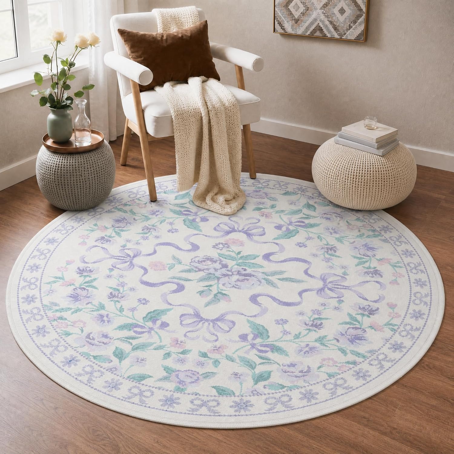 image:imageGENIMO Area Rugs 6X9 for Living Room Bedroom Machine Washable Non Slip Flower Bow Rug Low Pile Soft Cute Floral Rug for Dining Room Girls Room Nursery Room and Playroom Pink BowPurple Floral Bow