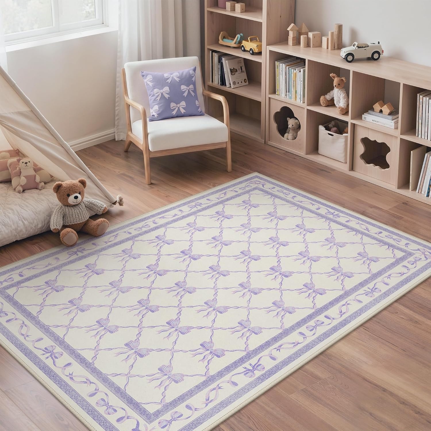 image:imageGENIMO Area Rugs 6X9 for Living Room Bedroom Machine Washable Non Slip Flower Bow Rug Low Pile Soft Cute Floral Rug for Dining Room Girls Room Nursery Room and Playroom Pink BowPurple Bow