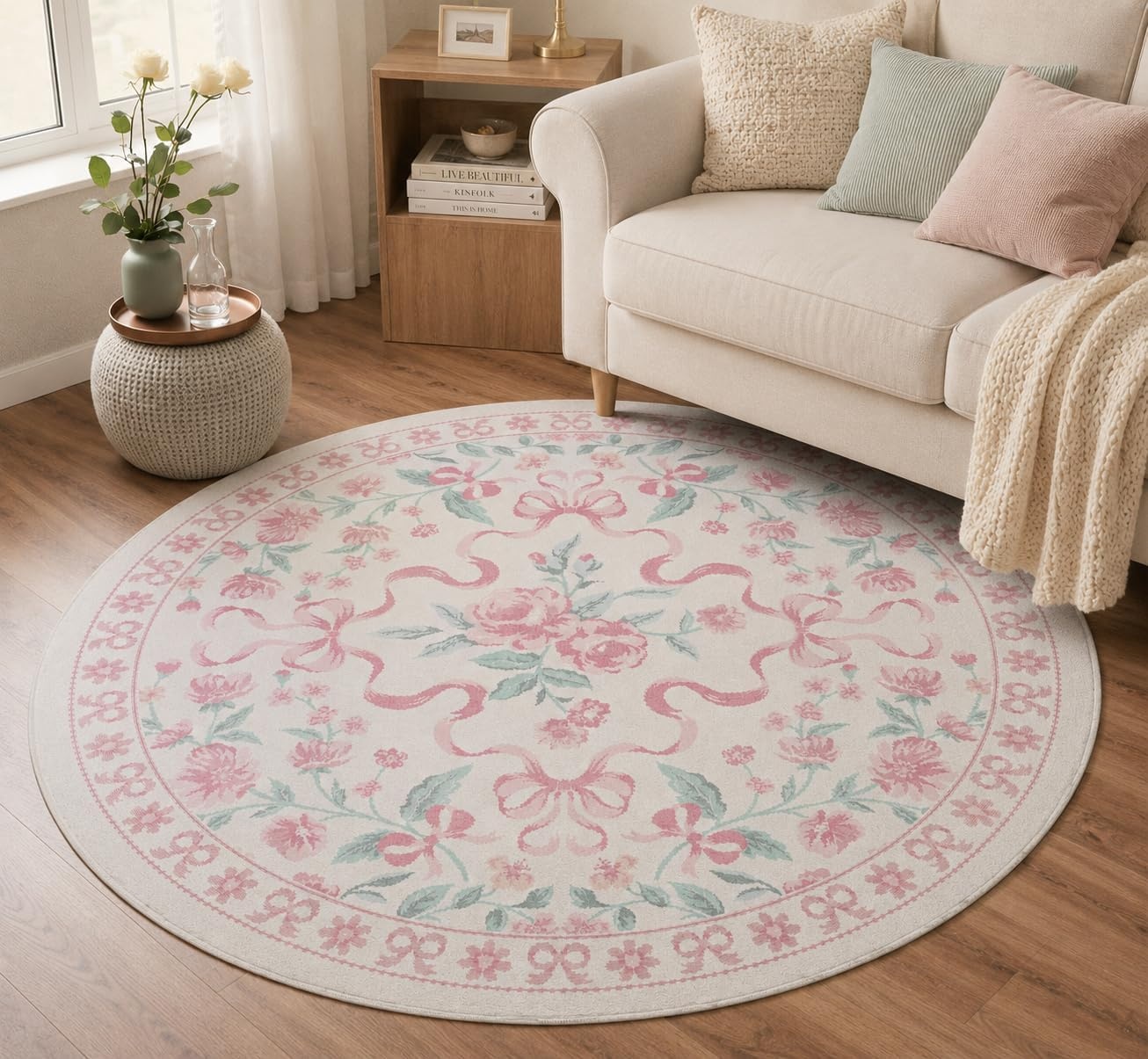 image:imageGENIMO Area Rugs 6X9 for Living Room Bedroom Machine Washable Non Slip Flower Bow Rug Low Pile Soft Cute Floral Rug for Dining Room Girls Room Nursery Room and Playroom Pink BowPink Floral Bow