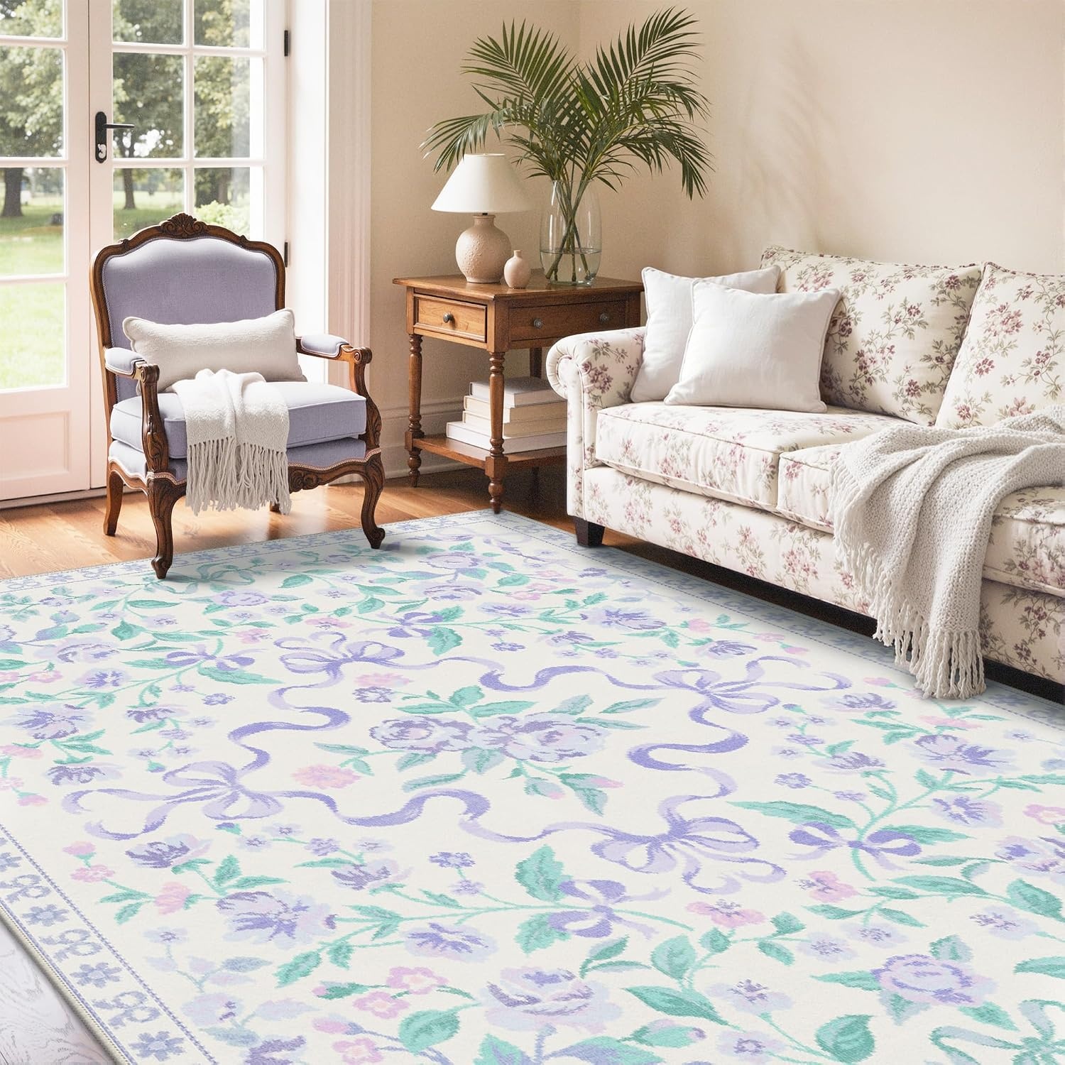 image:imageGENIMO Area Rugs 6X9 for Living Room Bedroom Machine Washable Non Slip Flower Bow Rug Low Pile Soft Cute Floral Rug for Dining Room Girls Room Nursery Room and Playroom Pink BowPurple Floral Bow