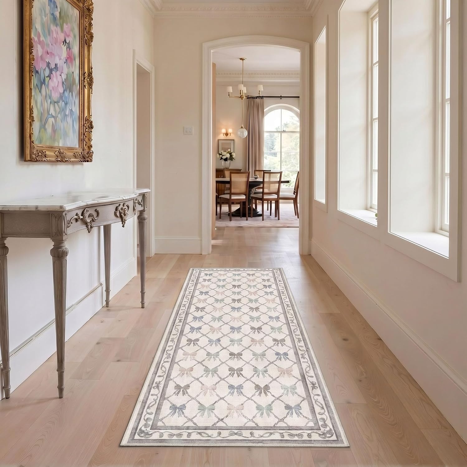 image:imageGENIMO Area Rugs 6X9 for Living Room Bedroom Machine Washable Non Slip Flower Bow Rug Low Pile Soft Cute Floral Rug for Dining Room Girls Room Nursery Room and Playroom Pink BowPastel Multi Bow