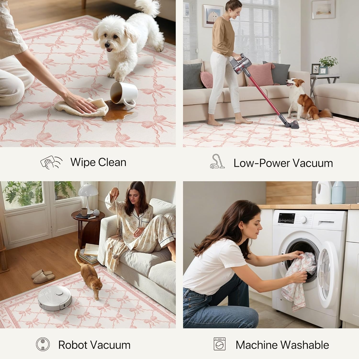 image:imageGENIMO Area Rugs 6X9 for Living Room Bedroom Machine Washable Non Slip Flower Bow Rug Low Pile Soft Cute Floral Rug for Dining Room Girls Room Nursery Room and Playroom Pink BowPink Bow
