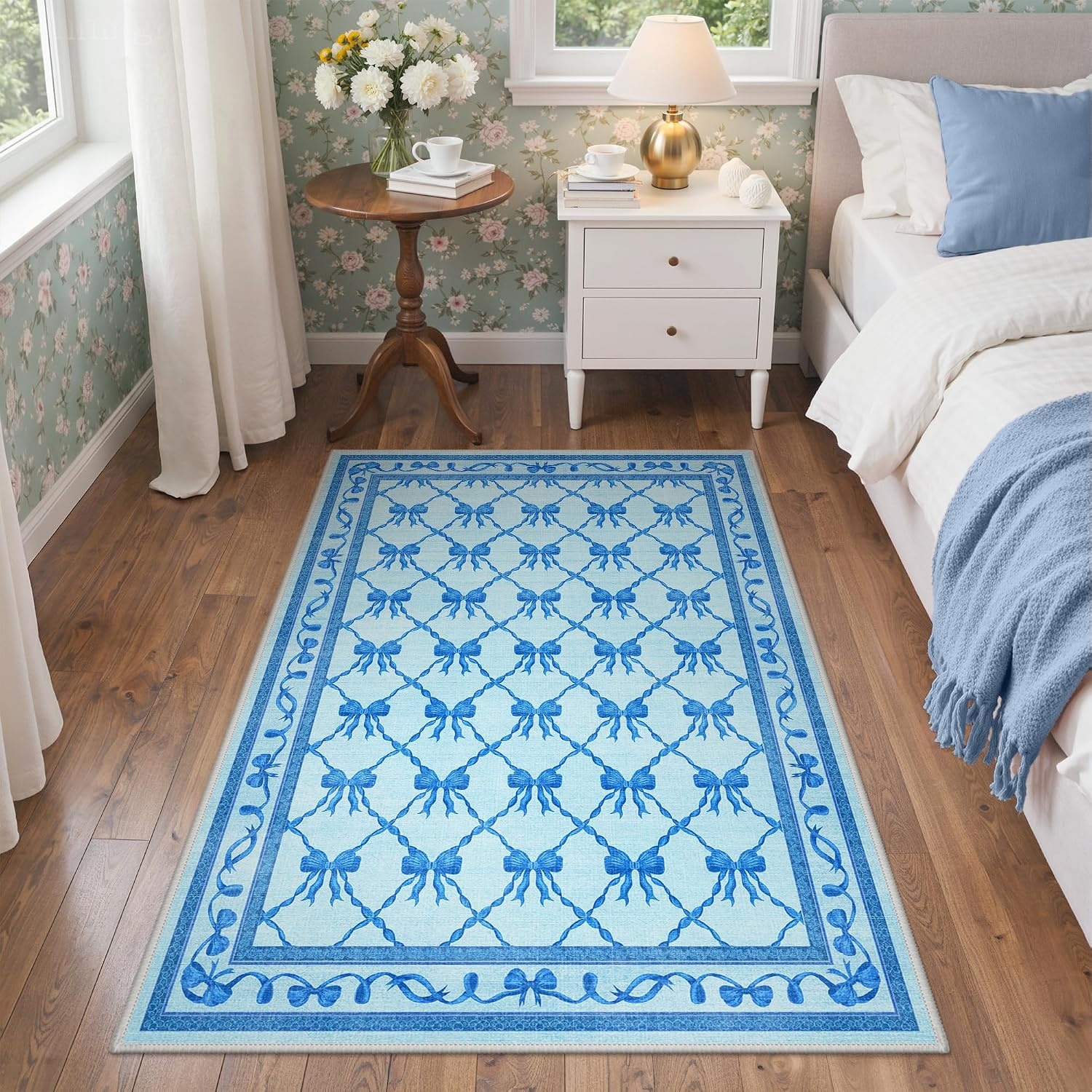 image:imageGENIMO Area Rugs 6X9 for Living Room Bedroom Machine Washable Non Slip Flower Bow Rug Low Pile Soft Cute Floral Rug for Dining Room Girls Room Nursery Room and Playroom Pink BowBlue Bow