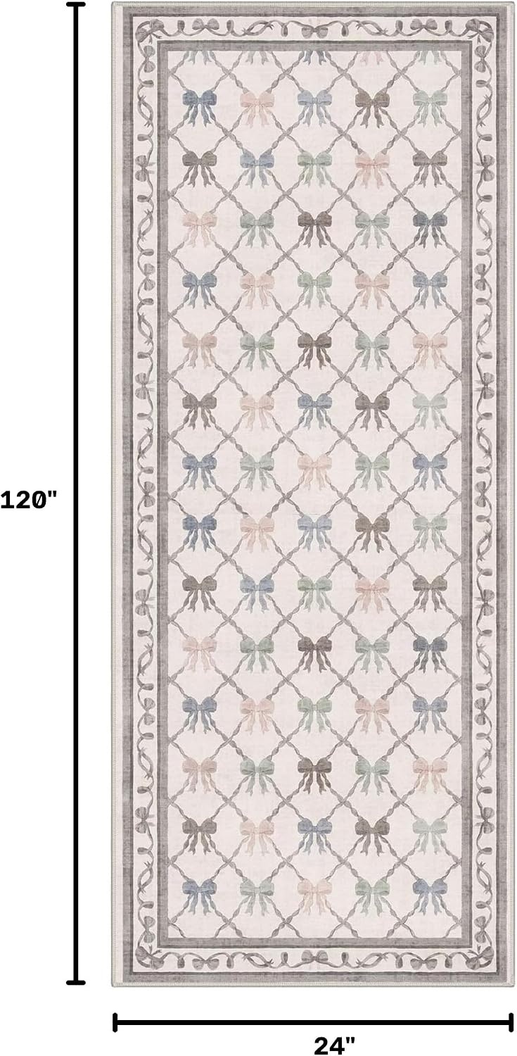 image:imageGENIMO Area Rugs 6X9 for Living Room Bedroom Machine Washable Non Slip Flower Bow Rug Low Pile Soft Cute Floral Rug for Dining Room Girls Room Nursery Room and Playroom Pink BowPastel Multi Bow