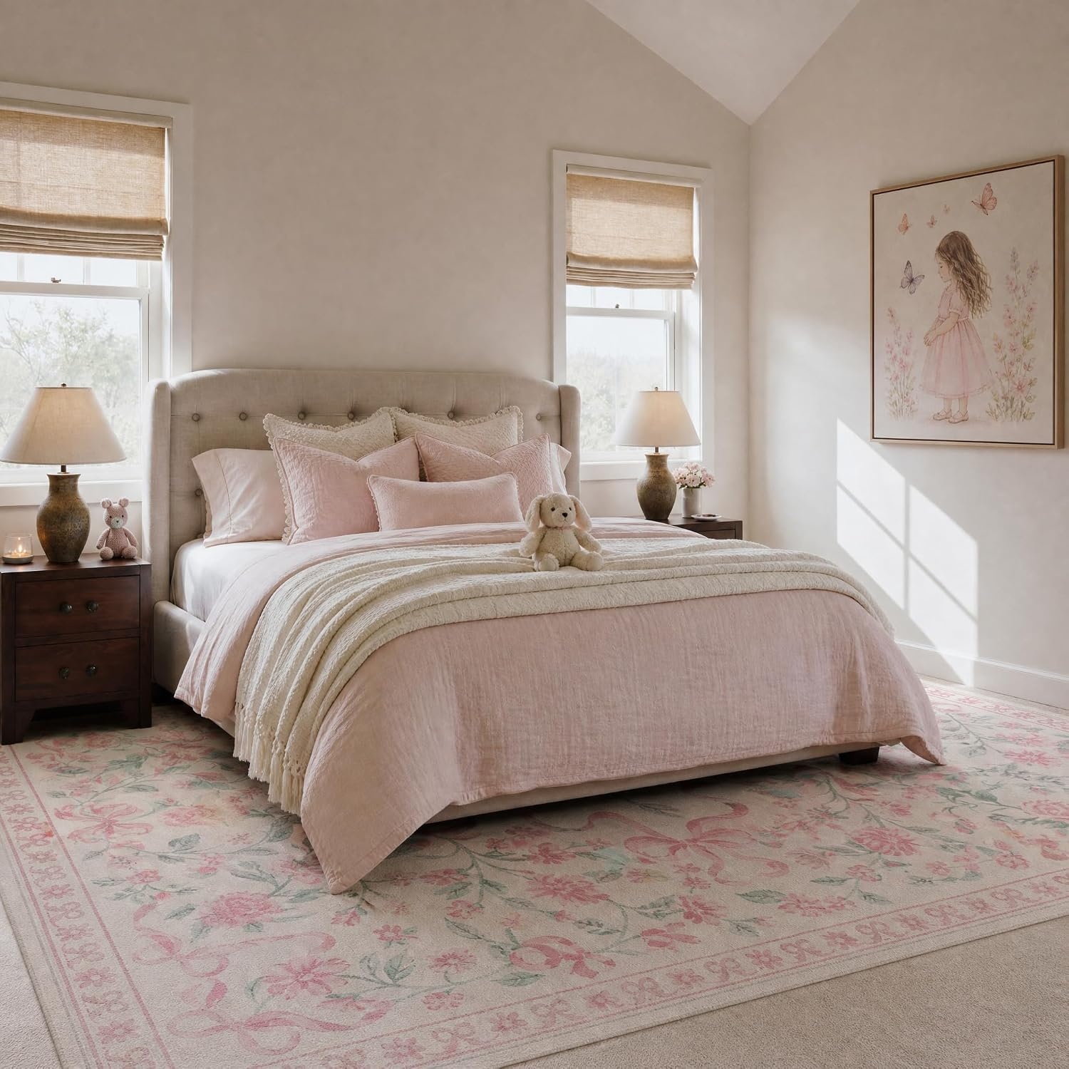 image:imageGENIMO Area Rugs 6X9 for Living Room Bedroom Machine Washable Non Slip Flower Bow Rug Low Pile Soft Cute Floral Rug for Dining Room Girls Room Nursery Room and Playroom Pink BowPink Floral Bow