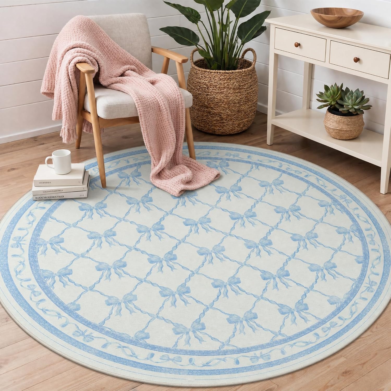 image:imageGENIMO Area Rugs 6X9 for Living Room Bedroom Machine Washable Non Slip Flower Bow Rug Low Pile Soft Cute Floral Rug for Dining Room Girls Room Nursery Room and Playroom Pink BowSky Blue Bow