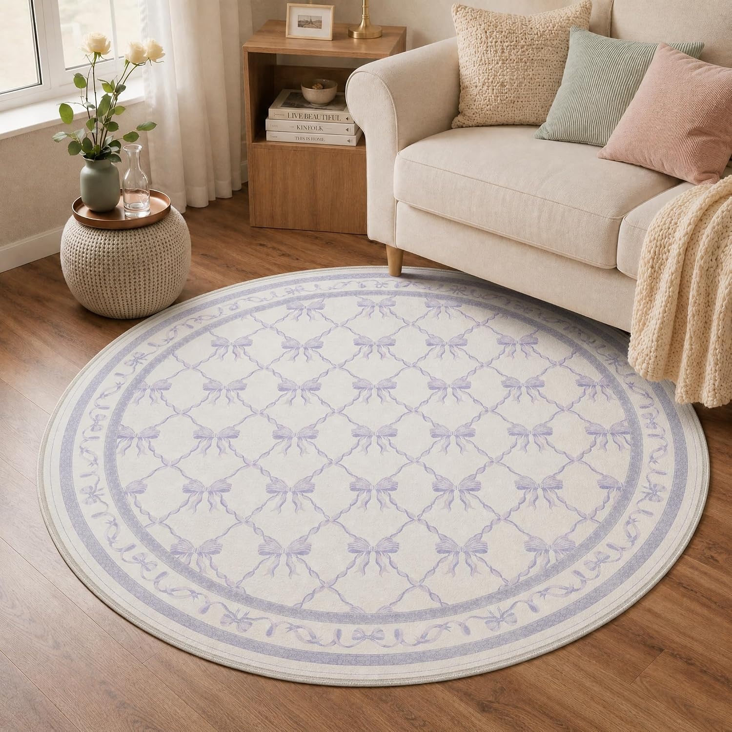 image:imageGENIMO Area Rugs 6X9 for Living Room Bedroom Machine Washable Non Slip Flower Bow Rug Low Pile Soft Cute Floral Rug for Dining Room Girls Room Nursery Room and Playroom Pink BowPurple Bow