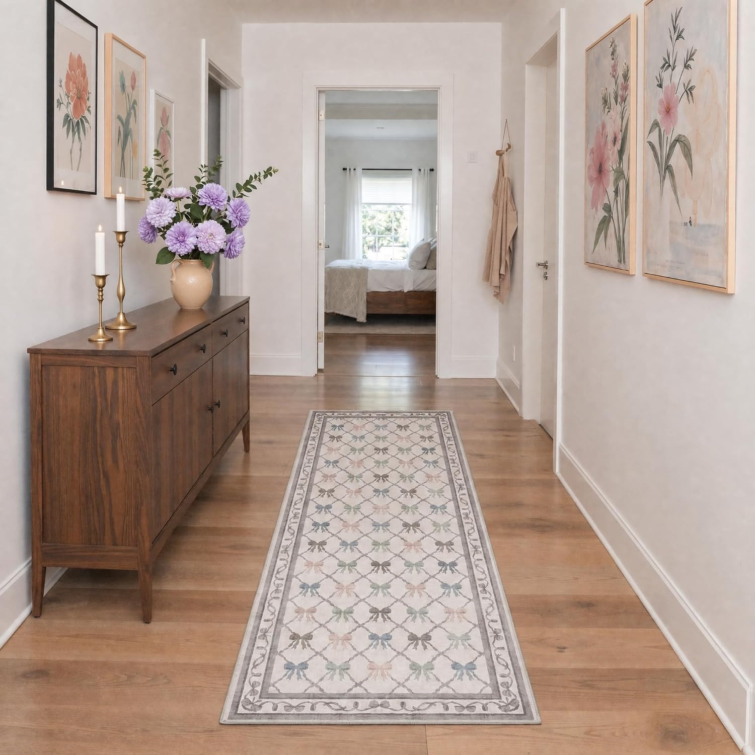 image:imageGENIMO Area Rugs 6X9 for Living Room Bedroom Machine Washable Non Slip Flower Bow Rug Low Pile Soft Cute Floral Rug for Dining Room Girls Room Nursery Room and Playroom Pink BowPastel Multi Bow