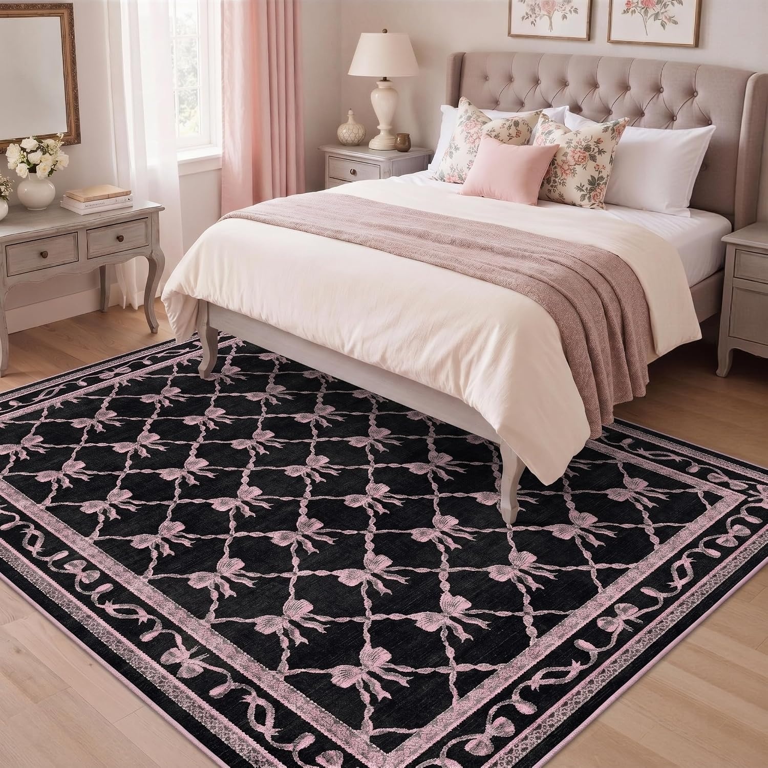 image:imageGENIMO Area Rugs 6X9 for Living Room Bedroom Machine Washable Non Slip Flower Bow Rug Low Pile Soft Cute Floral Rug for Dining Room Girls Room Nursery Room and Playroom Pink BowBlack Pink Bow