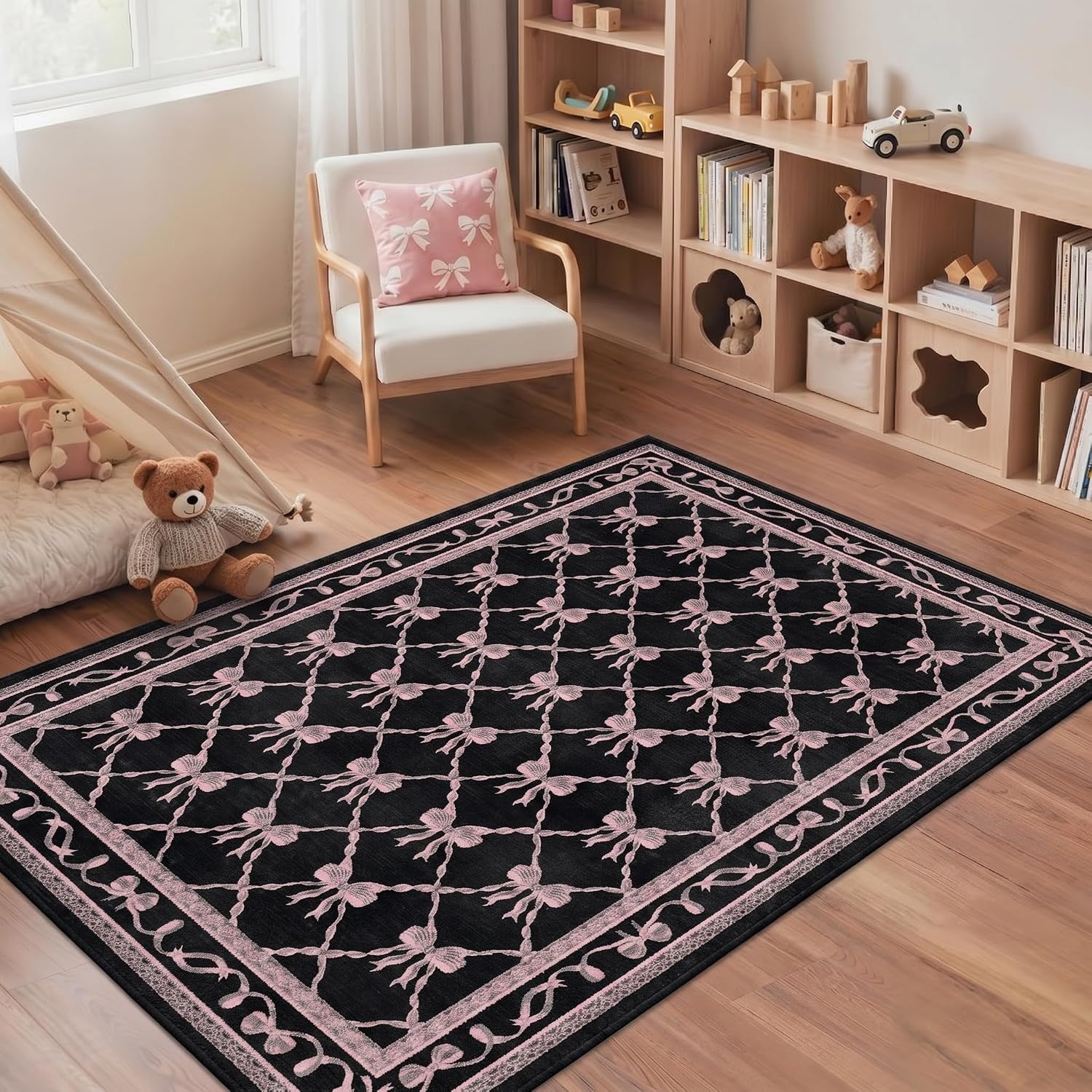 image:imageGENIMO Area Rugs 6X9 for Living Room Bedroom Machine Washable Non Slip Flower Bow Rug Low Pile Soft Cute Floral Rug for Dining Room Girls Room Nursery Room and Playroom Pink BowBlack Pink Bow