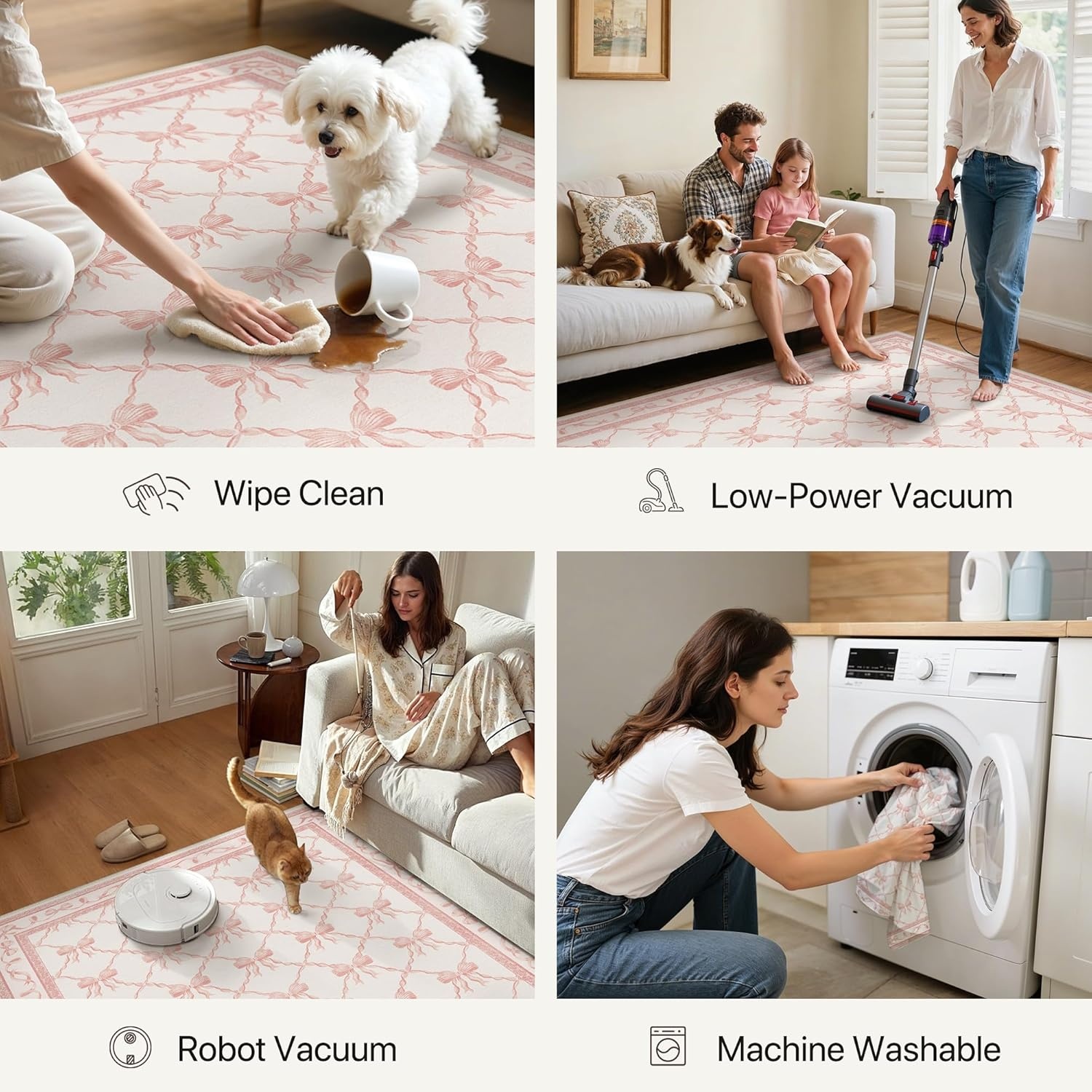 image:imageGENIMO Area Rugs 6X9 for Living Room Bedroom Machine Washable Non Slip Flower Bow Rug Low Pile Soft Cute Floral Rug for Dining Room Girls Room Nursery Room and Playroom Pink BowPink Bow