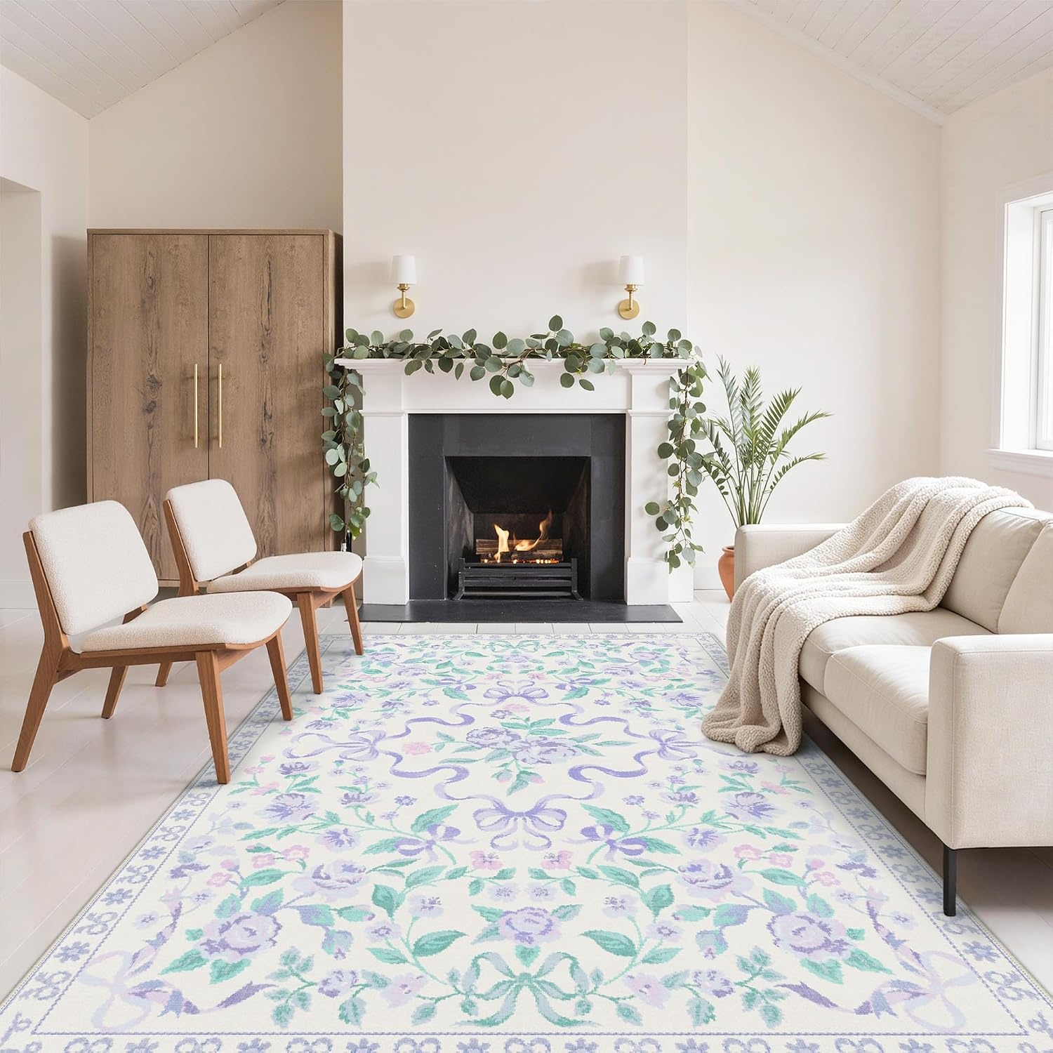 image:imageGENIMO Area Rugs 6X9 for Living Room Bedroom Machine Washable Non Slip Flower Bow Rug Low Pile Soft Cute Floral Rug for Dining Room Girls Room Nursery Room and Playroom Pink BowPurple Floral Bow