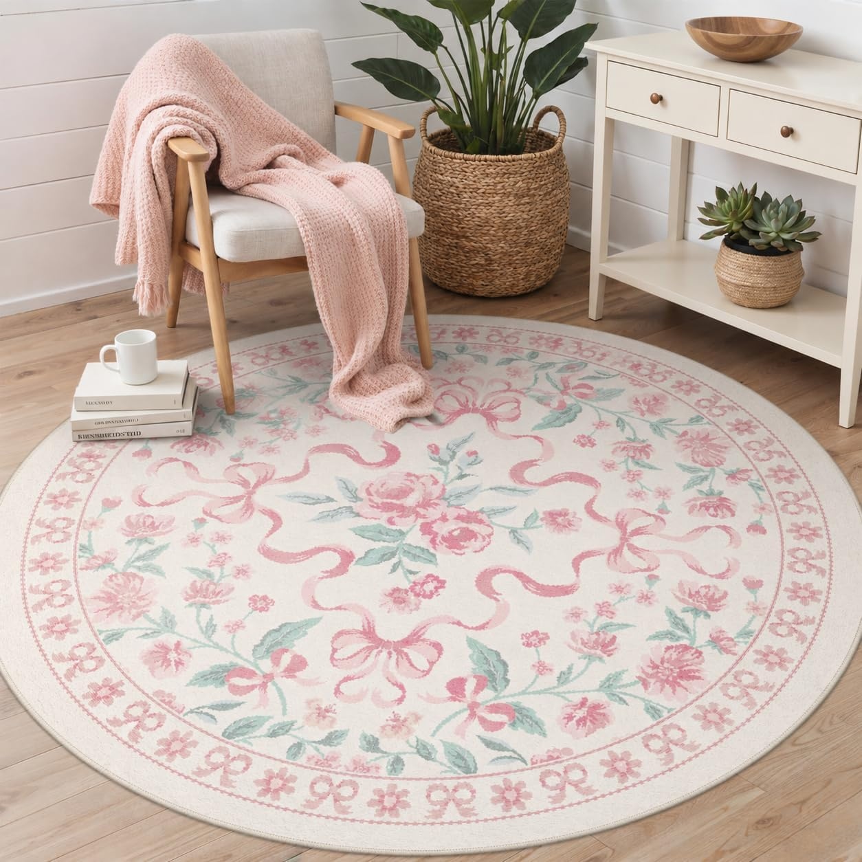 image:imageGENIMO Area Rugs 6X9 for Living Room Bedroom Machine Washable Non Slip Flower Bow Rug Low Pile Soft Cute Floral Rug for Dining Room Girls Room Nursery Room and Playroom Pink BowPink Floral Bow