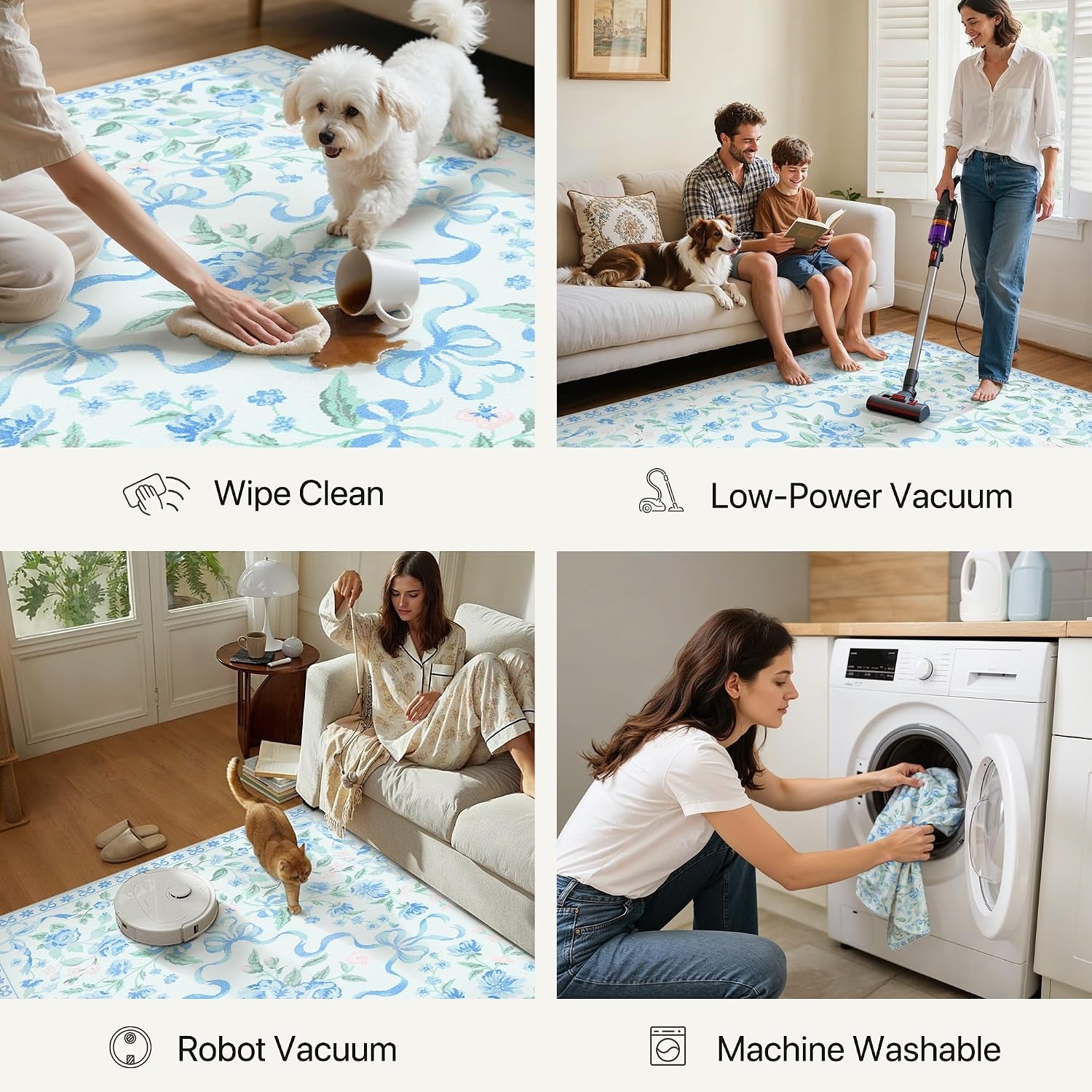 image:imageGENIMO Area Rugs 6X9 for Living Room Bedroom Machine Washable Non Slip Flower Bow Rug Low Pile Soft Cute Floral Rug for Dining Room Girls Room Nursery Room and Playroom Pink BowBlue Floral Bow