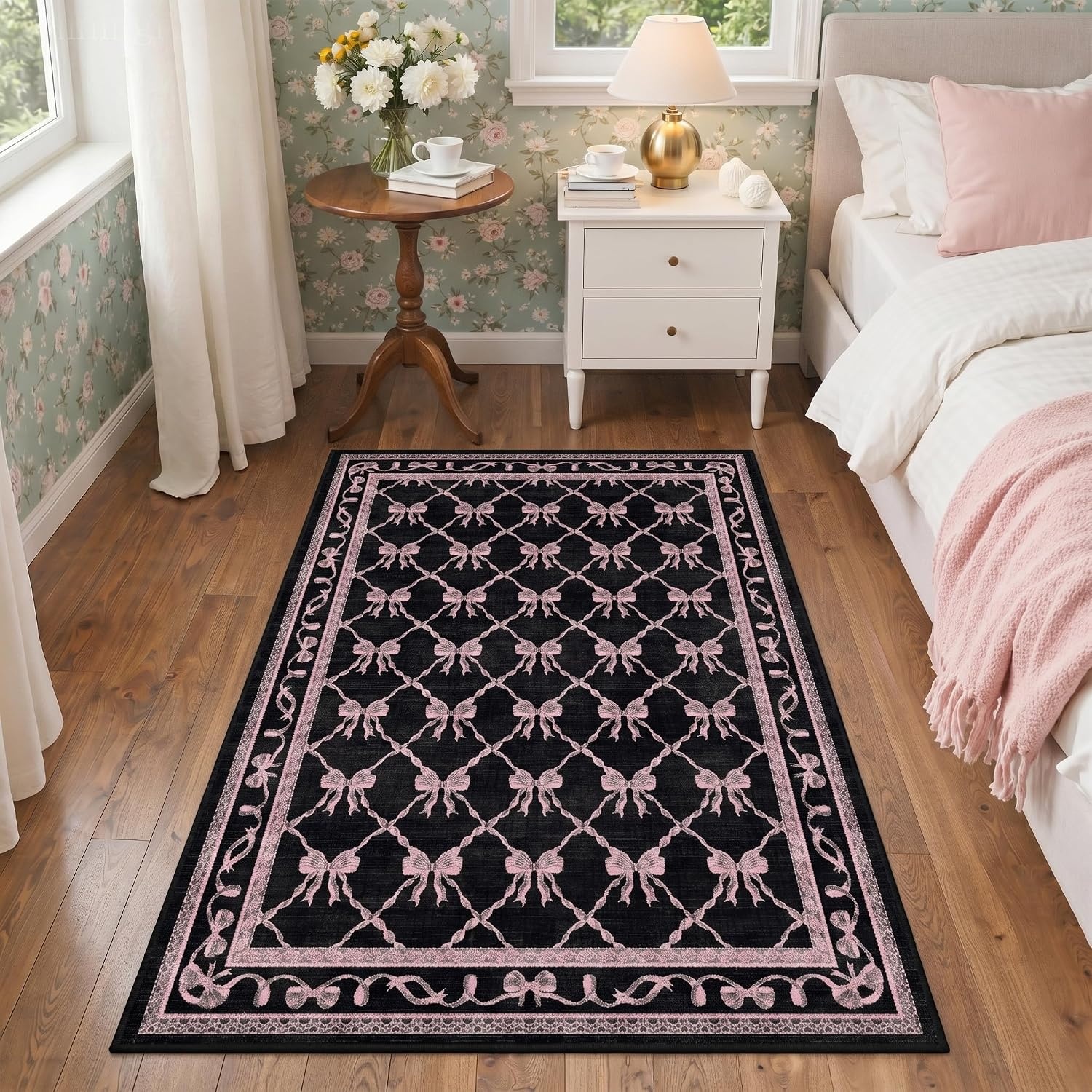 image:imageGENIMO Area Rugs 6X9 for Living Room Bedroom Machine Washable Non Slip Flower Bow Rug Low Pile Soft Cute Floral Rug for Dining Room Girls Room Nursery Room and Playroom Pink BowBlack Pink Bow