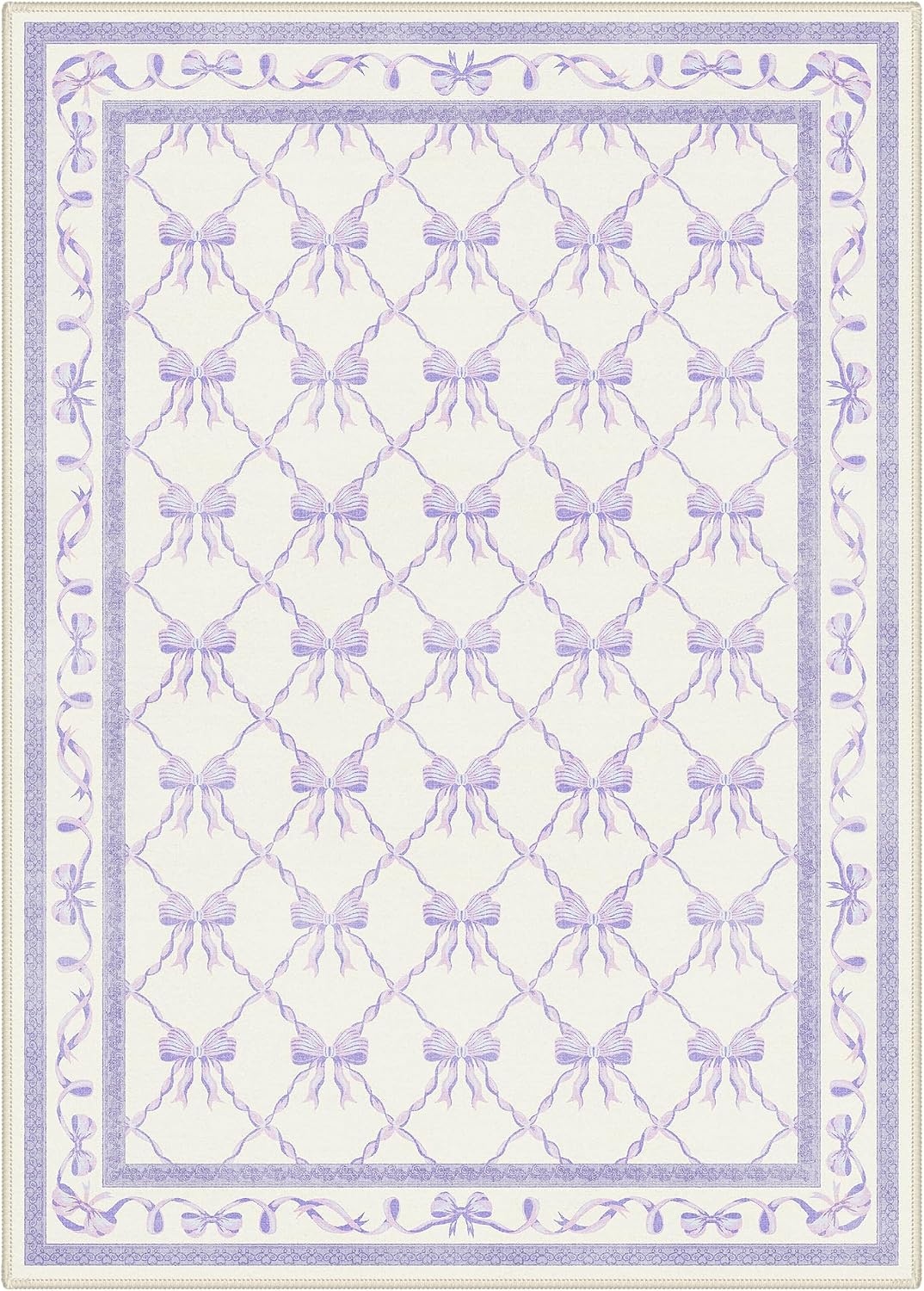 image:imageGENIMO Area Rugs 6X9 for Living Room Bedroom Machine Washable Non Slip Flower Bow Rug Low Pile Soft Cute Floral Rug for Dining Room Girls Room Nursery Room and Playroom Pink BowPurple Bow