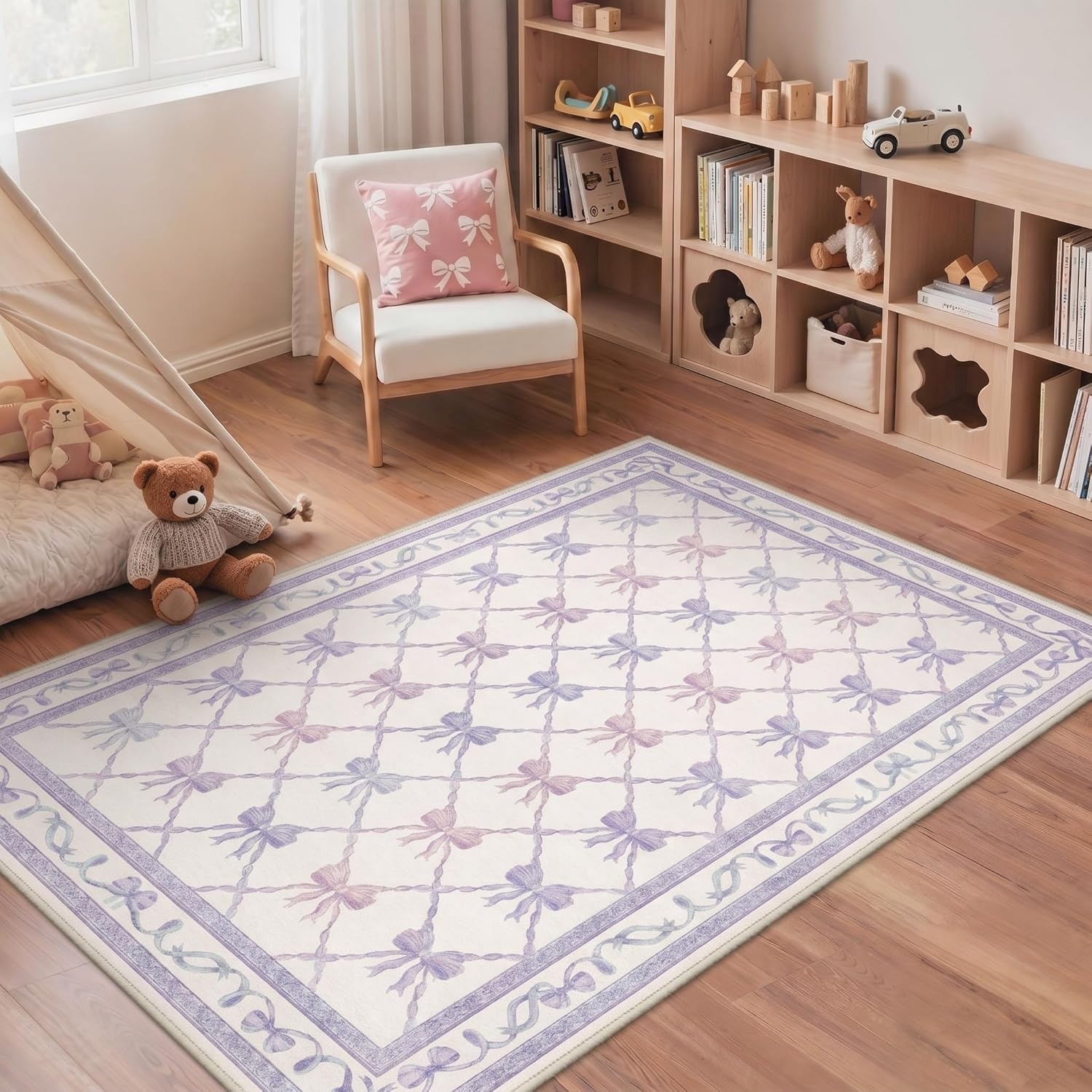 image:imageGENIMO Area Rugs 6X9 for Living Room Bedroom Machine Washable Non Slip Flower Bow Rug Low Pile Soft Cute Floral Rug for Dining Room Girls Room Nursery Room and Playroom Pink BowPurple Blue Bow