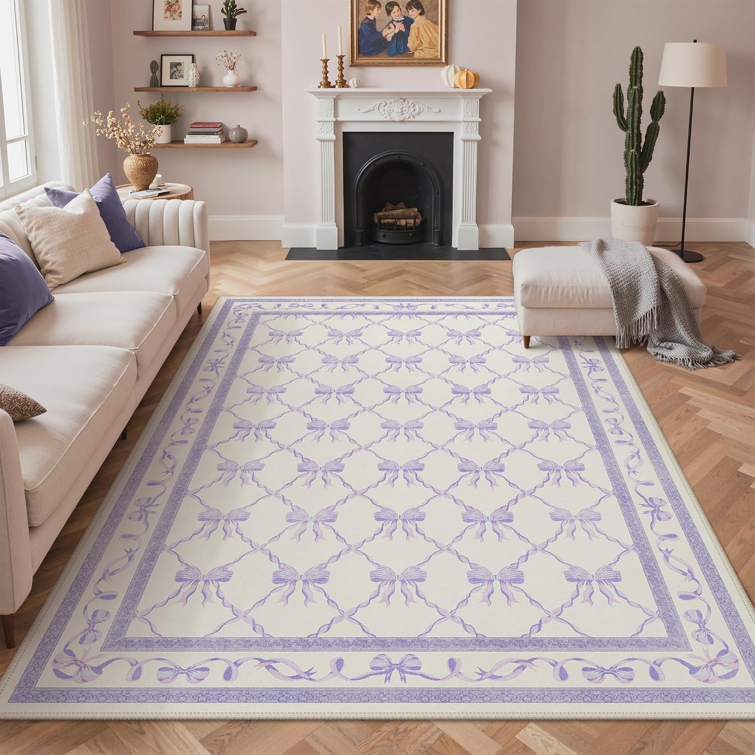 image:imageGENIMO Area Rugs 6X9 for Living Room Bedroom Machine Washable Non Slip Flower Bow Rug Low Pile Soft Cute Floral Rug for Dining Room Girls Room Nursery Room and Playroom Pink BowPurple Bow