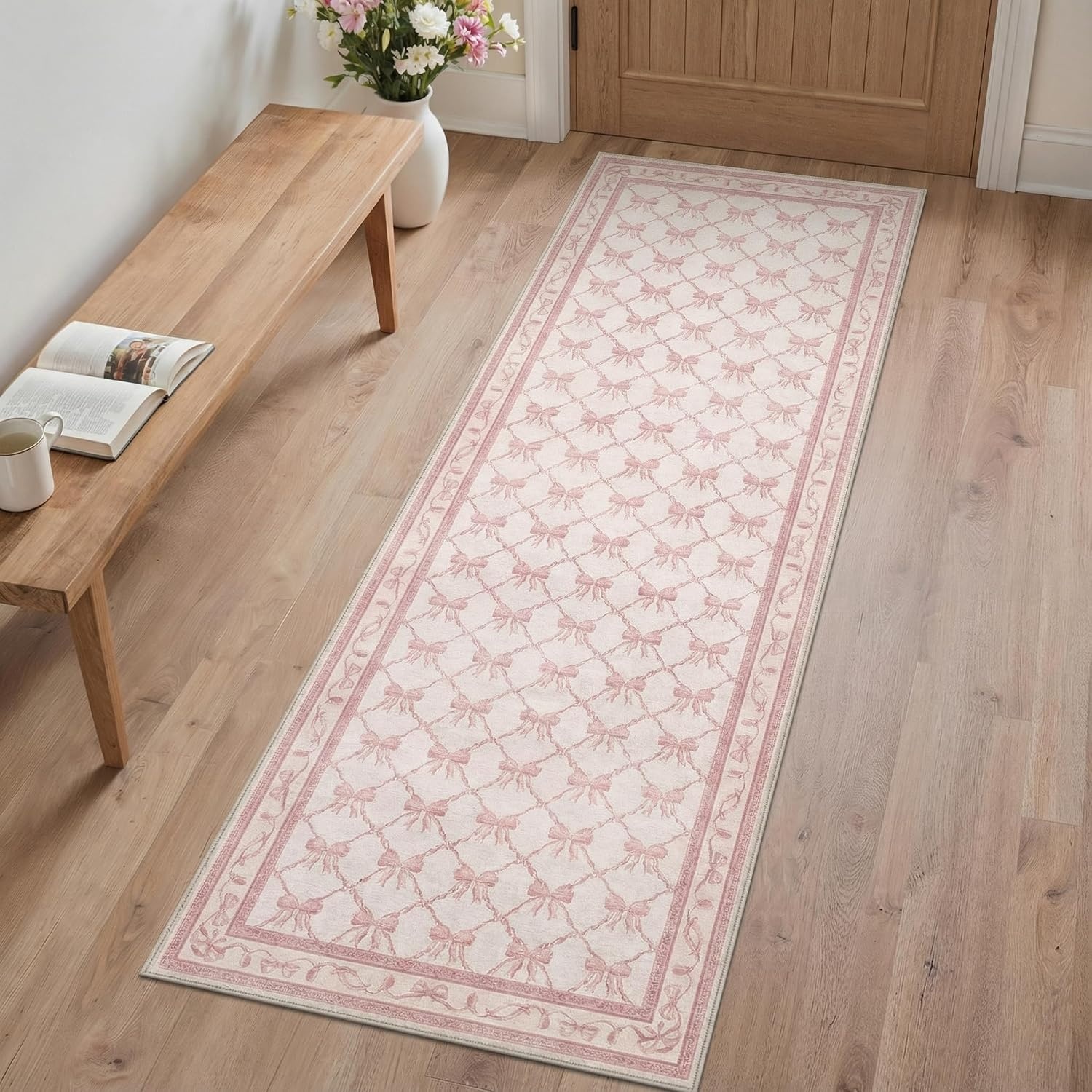 image:imageGENIMO Area Rugs 6X9 for Living Room Bedroom Machine Washable Non Slip Flower Bow Rug Low Pile Soft Cute Floral Rug for Dining Room Girls Room Nursery Room and Playroom Pink BowPink Bow