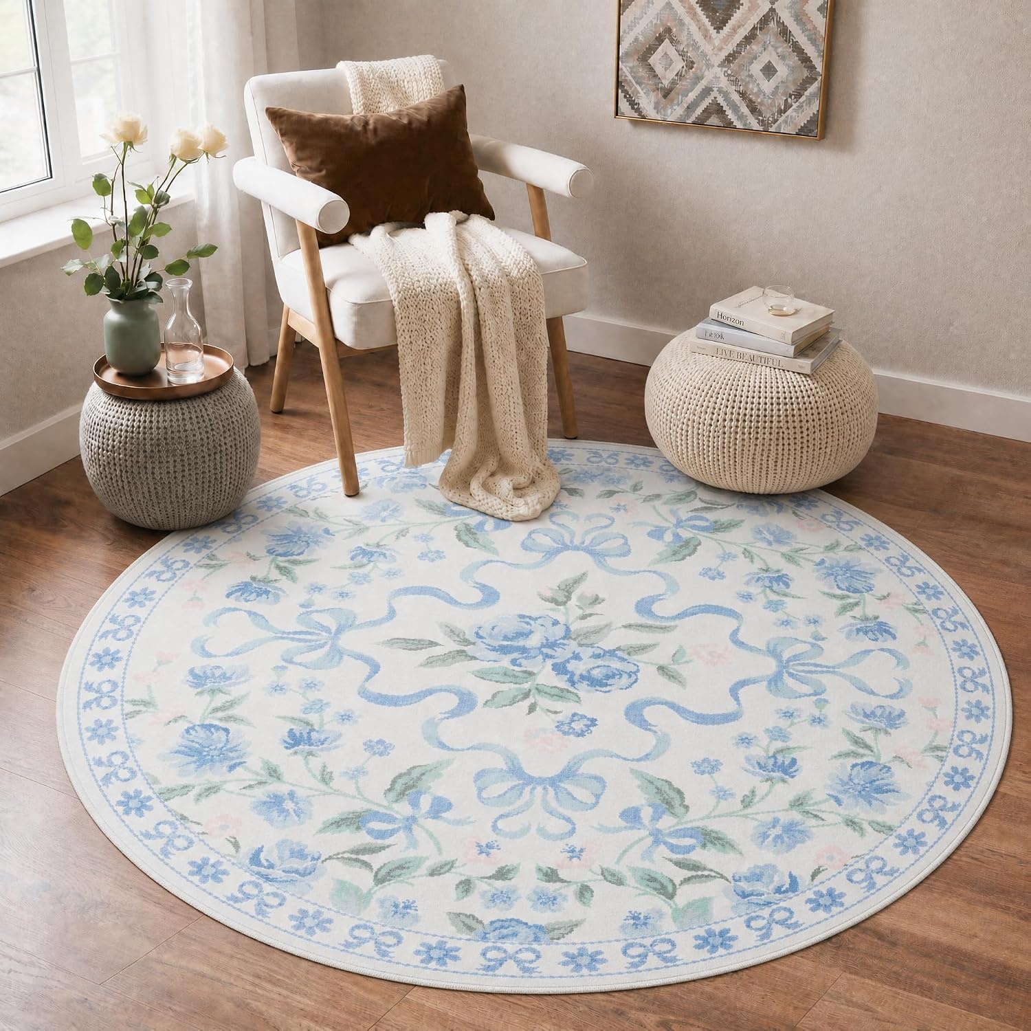 image:imageGENIMO Area Rugs 6X9 for Living Room Bedroom Machine Washable Non Slip Flower Bow Rug Low Pile Soft Cute Floral Rug for Dining Room Girls Room Nursery Room and Playroom Pink BowBlue Floral Bow