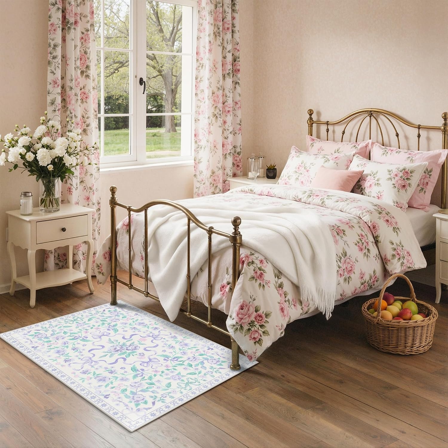 image:imageGENIMO Area Rugs 6X9 for Living Room Bedroom Machine Washable Non Slip Flower Bow Rug Low Pile Soft Cute Floral Rug for Dining Room Girls Room Nursery Room and Playroom Pink BowPurple Floral Bow