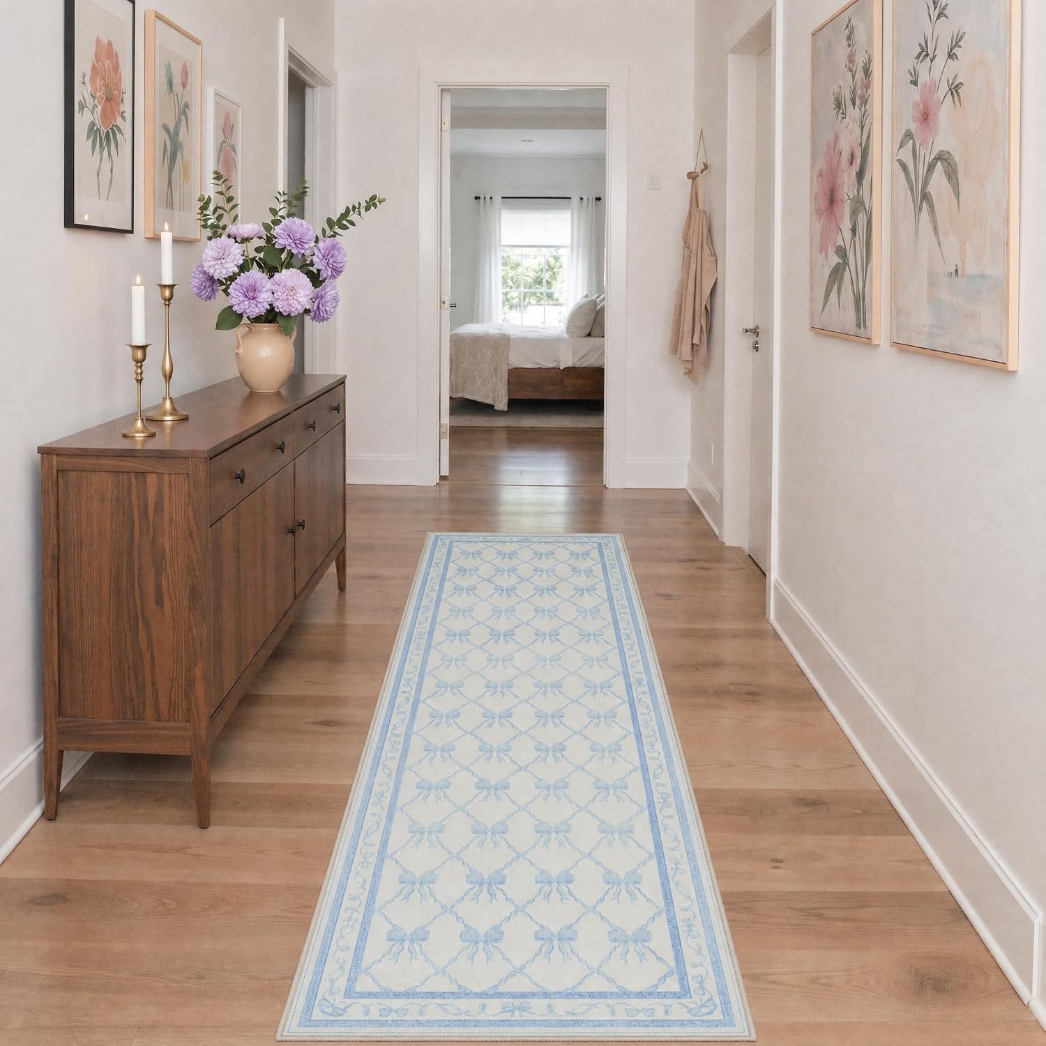 image:imageGENIMO Area Rugs 6X9 for Living Room Bedroom Machine Washable Non Slip Flower Bow Rug Low Pile Soft Cute Floral Rug for Dining Room Girls Room Nursery Room and Playroom Pink BowSky Blue Bow