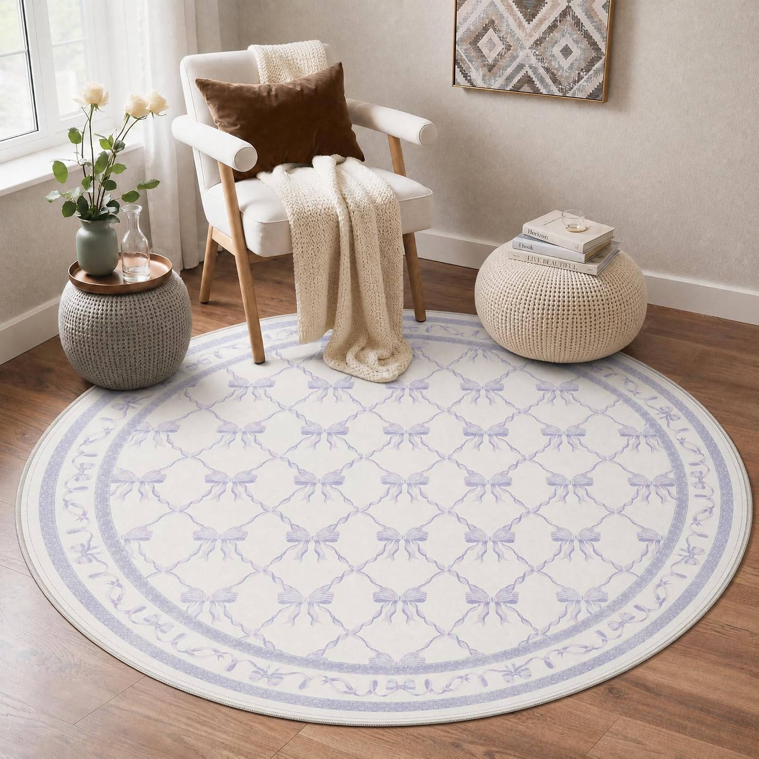 image:imageGENIMO Area Rugs 6X9 for Living Room Bedroom Machine Washable Non Slip Flower Bow Rug Low Pile Soft Cute Floral Rug for Dining Room Girls Room Nursery Room and Playroom Pink BowPurple Bow