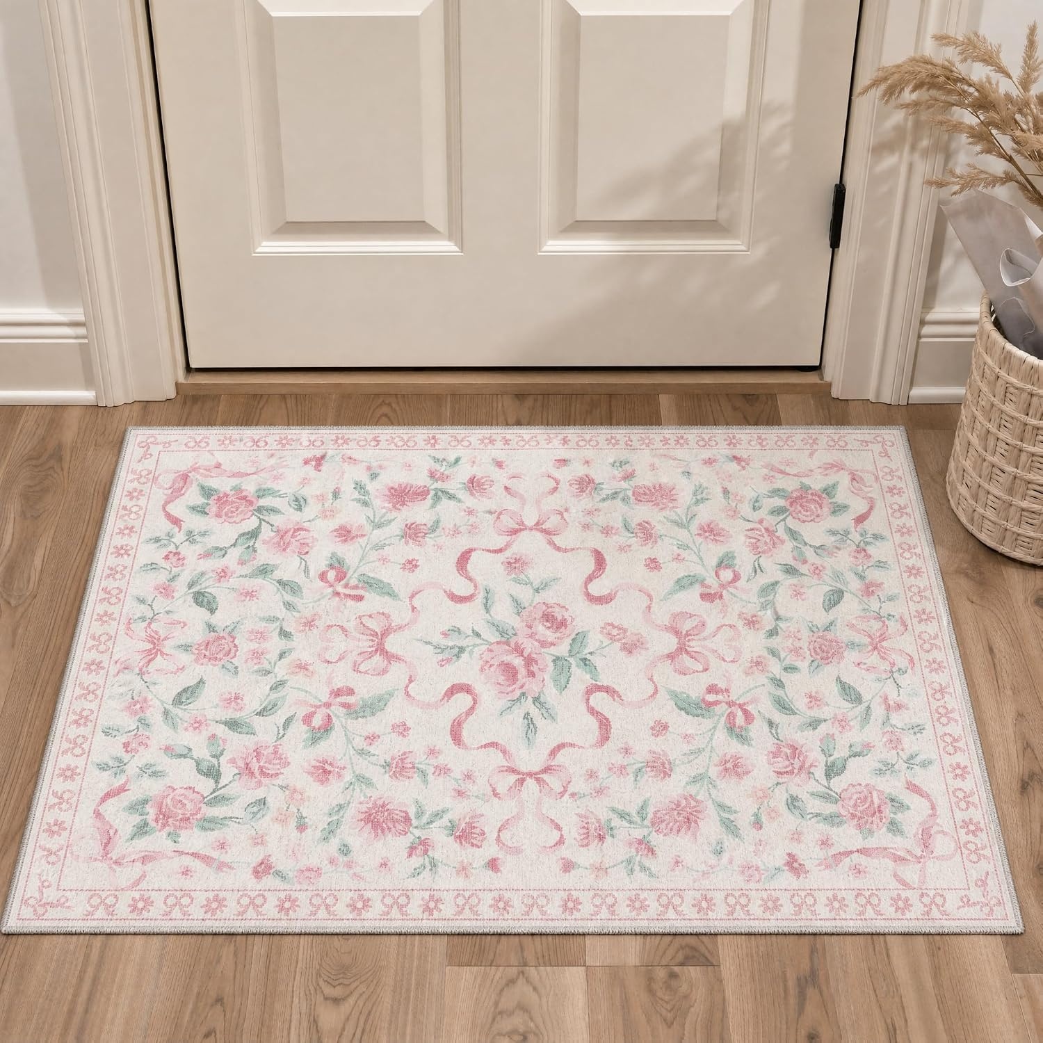 image:imageGENIMO Area Rugs 6X9 for Living Room Bedroom Machine Washable Non Slip Flower Bow Rug Low Pile Soft Cute Floral Rug for Dining Room Girls Room Nursery Room and Playroom Pink BowPink Floral Bow