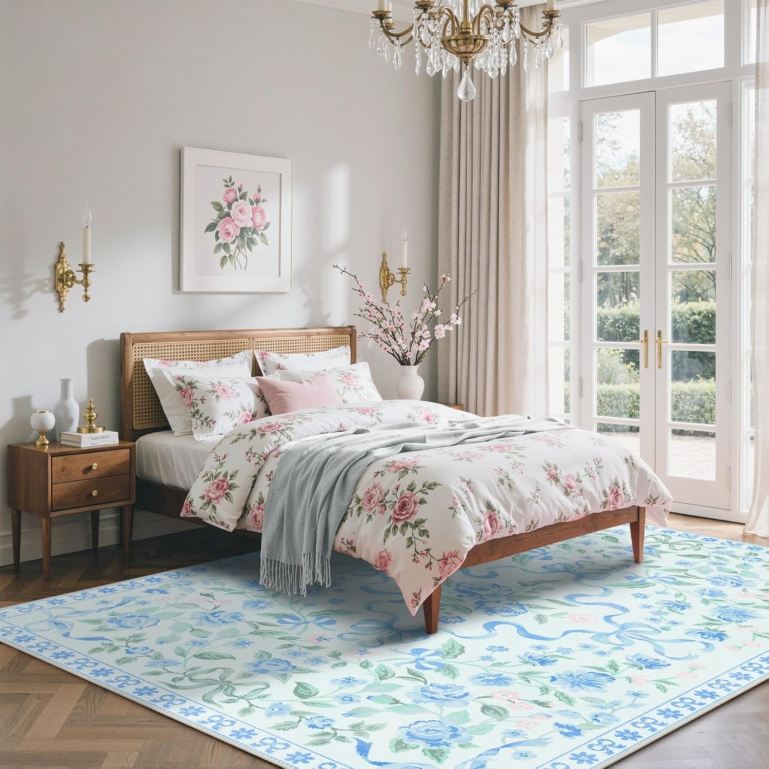 image:imageGENIMO Area Rugs 6X9 for Living Room Bedroom Machine Washable Non Slip Flower Bow Rug Low Pile Soft Cute Floral Rug for Dining Room Girls Room Nursery Room and Playroom Pink BowBlue Floral Bow