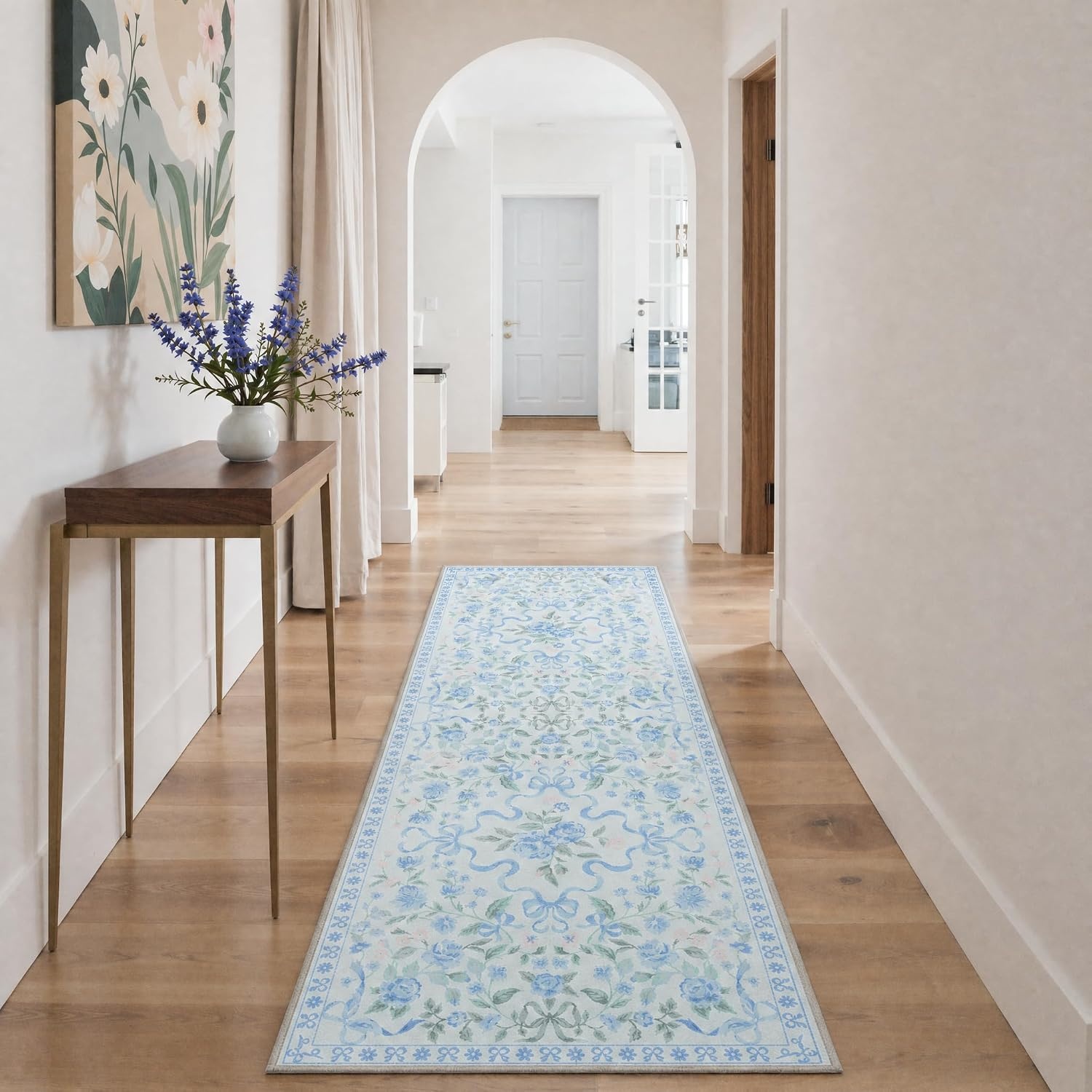image:imageGENIMO Area Rugs 6X9 for Living Room Bedroom Machine Washable Non Slip Flower Bow Rug Low Pile Soft Cute Floral Rug for Dining Room Girls Room Nursery Room and Playroom Pink BowBlue Floral Bow