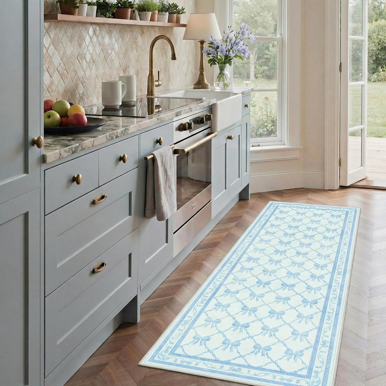 image:imageGENIMO Area Rugs 6X9 for Living Room Bedroom Machine Washable Non Slip Flower Bow Rug Low Pile Soft Cute Floral Rug for Dining Room Girls Room Nursery Room and Playroom Pink BowSky Blue Bow