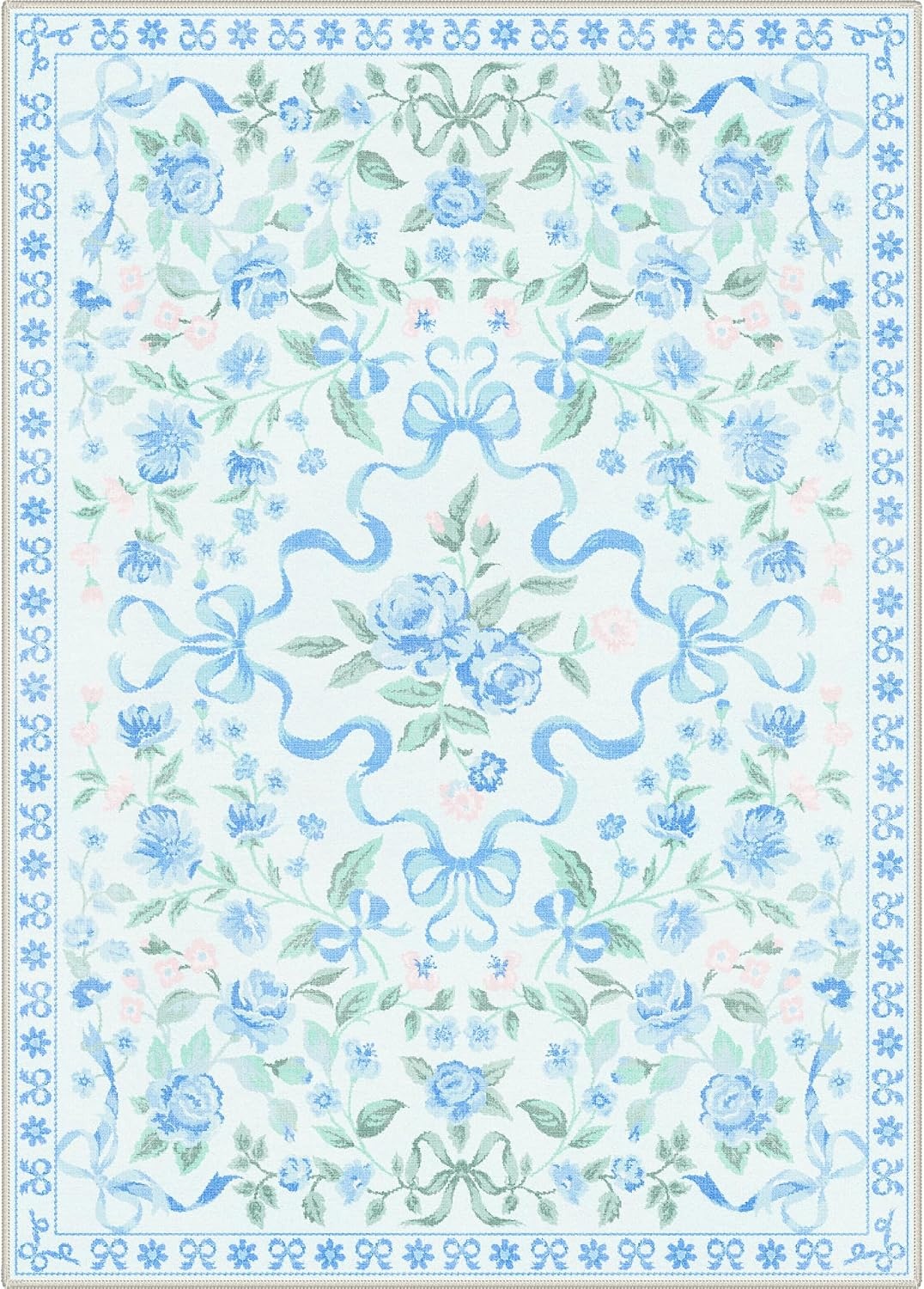 image:imageGENIMO Area Rugs 6X9 for Living Room Bedroom Machine Washable Non Slip Flower Bow Rug Low Pile Soft Cute Floral Rug for Dining Room Girls Room Nursery Room and Playroom Pink BowBlue Floral Bow