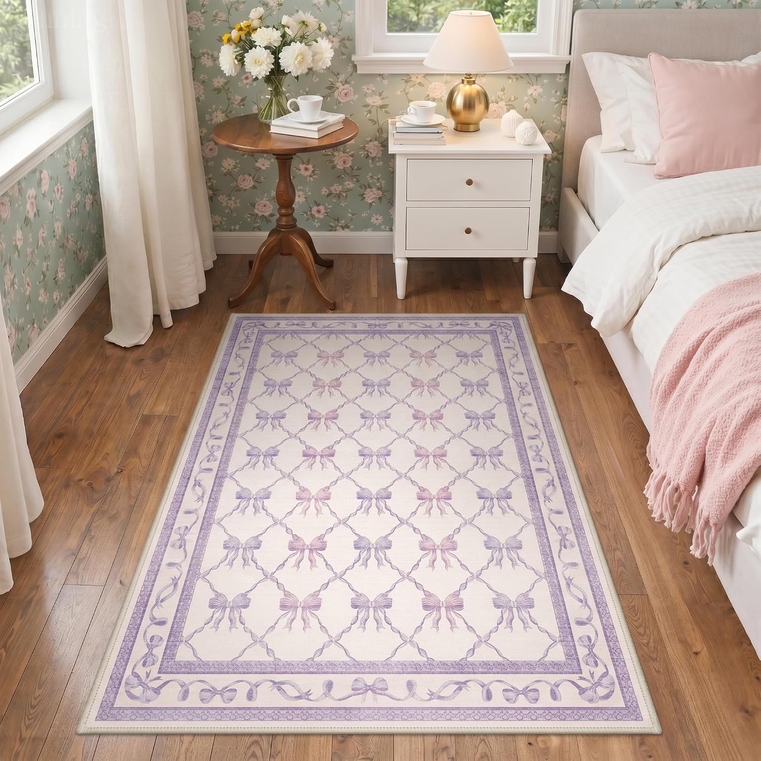 image:imageGENIMO Area Rugs 6X9 for Living Room Bedroom Machine Washable Non Slip Flower Bow Rug Low Pile Soft Cute Floral Rug for Dining Room Girls Room Nursery Room and Playroom Pink BowPurple Blue Bow