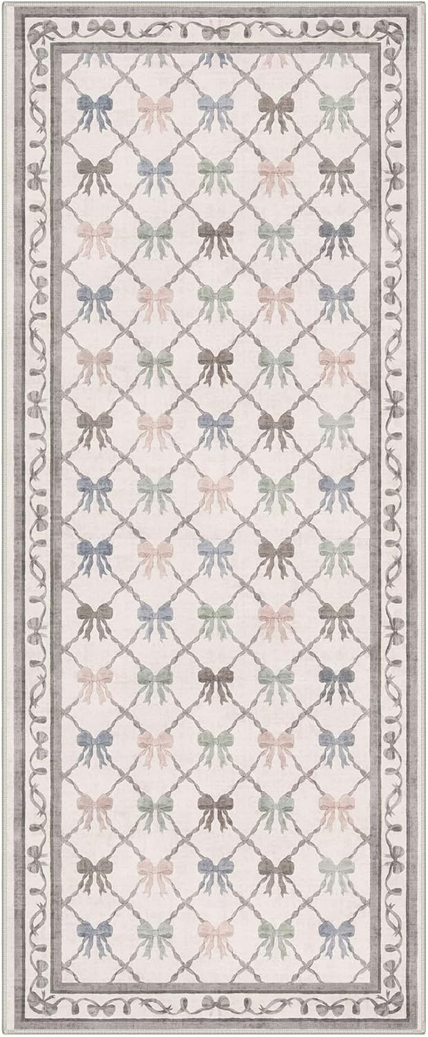 image:imageGENIMO Area Rugs 6X9 for Living Room Bedroom Machine Washable Non Slip Flower Bow Rug Low Pile Soft Cute Floral Rug for Dining Room Girls Room Nursery Room and Playroom Pink BowPastel Multi Bow