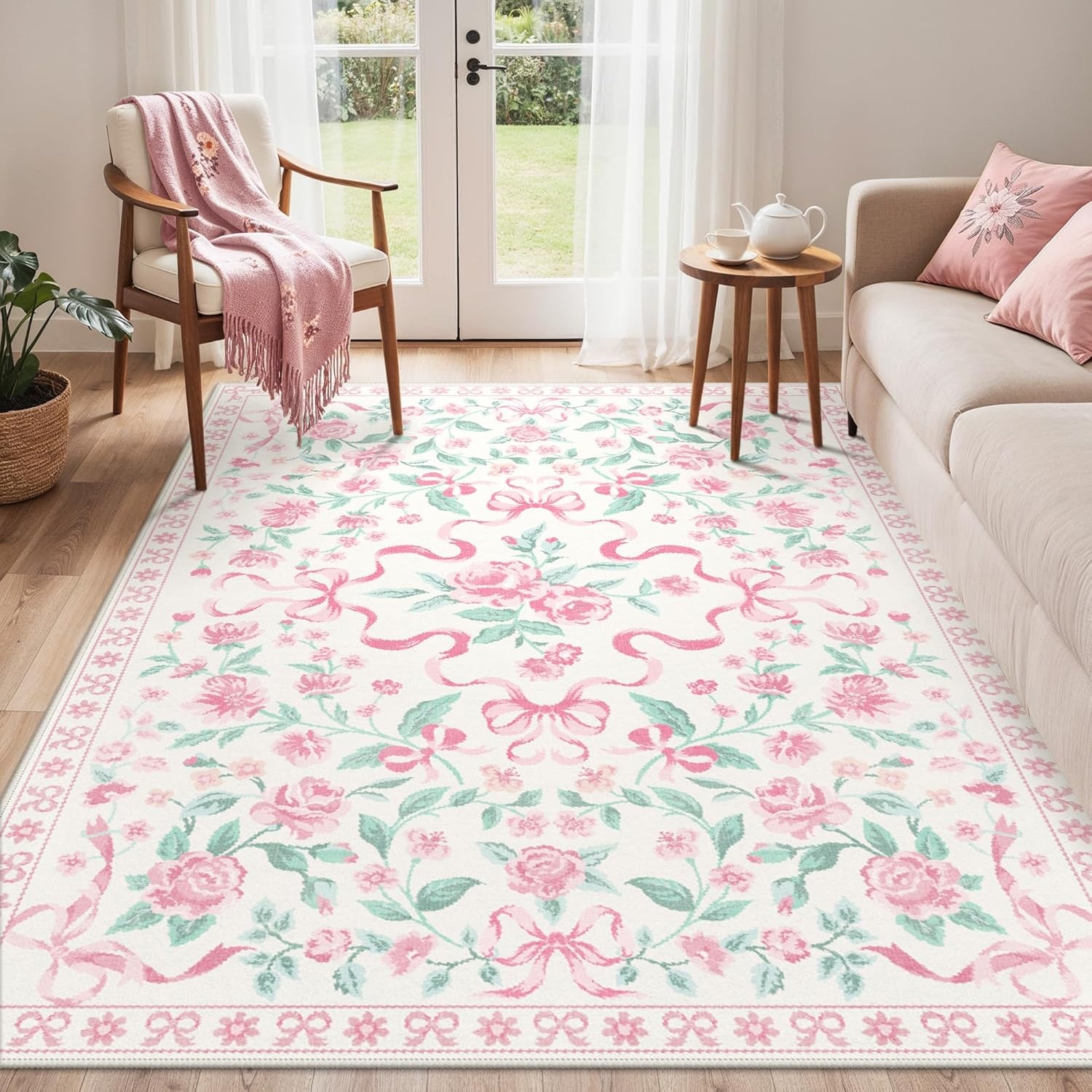 image:imageGENIMO Area Rugs 6X9 for Living Room Bedroom Machine Washable Non Slip Flower Bow Rug Low Pile Soft Cute Floral Rug for Dining Room Girls Room Nursery Room and Playroom Pink BowPink Floral Bow
