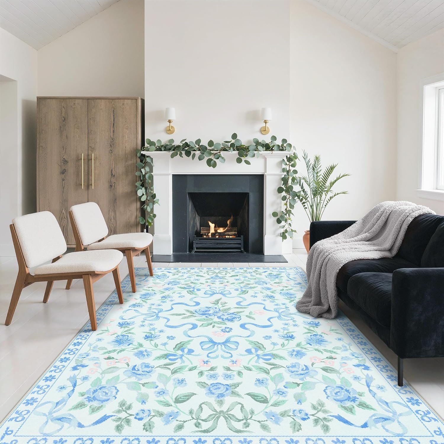 image:imageGENIMO Area Rugs 6X9 for Living Room Bedroom Machine Washable Non Slip Flower Bow Rug Low Pile Soft Cute Floral Rug for Dining Room Girls Room Nursery Room and Playroom Pink BowBlue Floral Bow