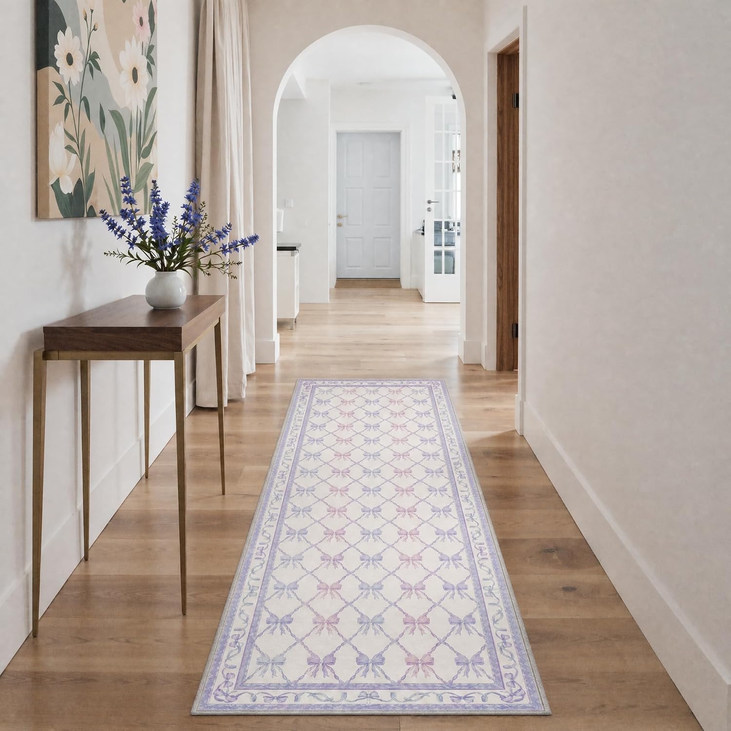 image:imageGENIMO Area Rugs 6X9 for Living Room Bedroom Machine Washable Non Slip Flower Bow Rug Low Pile Soft Cute Floral Rug for Dining Room Girls Room Nursery Room and Playroom Pink BowPurple Blue Bow