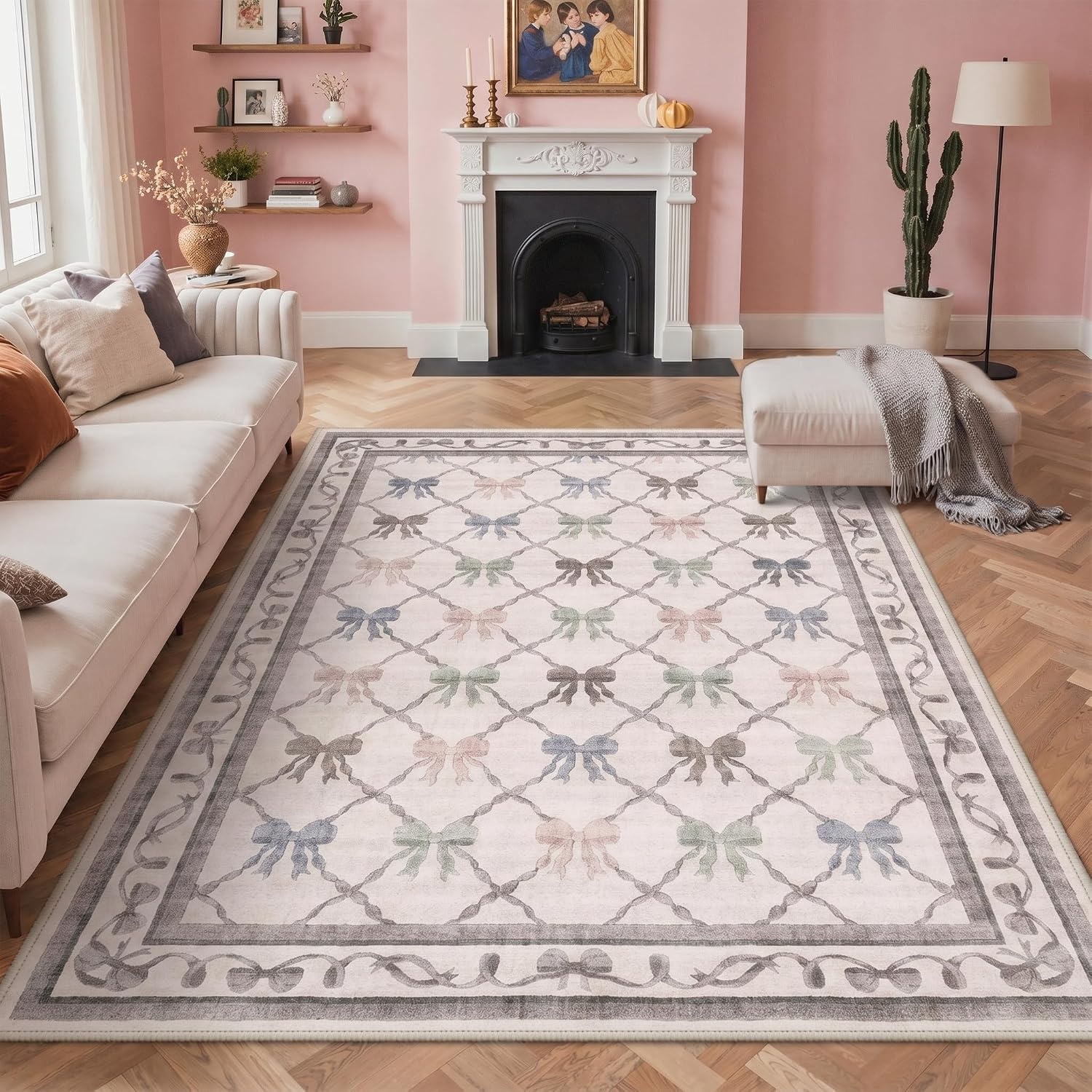 image:imageGENIMO Area Rugs 6X9 for Living Room Bedroom Machine Washable Non Slip Flower Bow Rug Low Pile Soft Cute Floral Rug for Dining Room Girls Room Nursery Room and Playroom Pink BowPastel Multi Bow