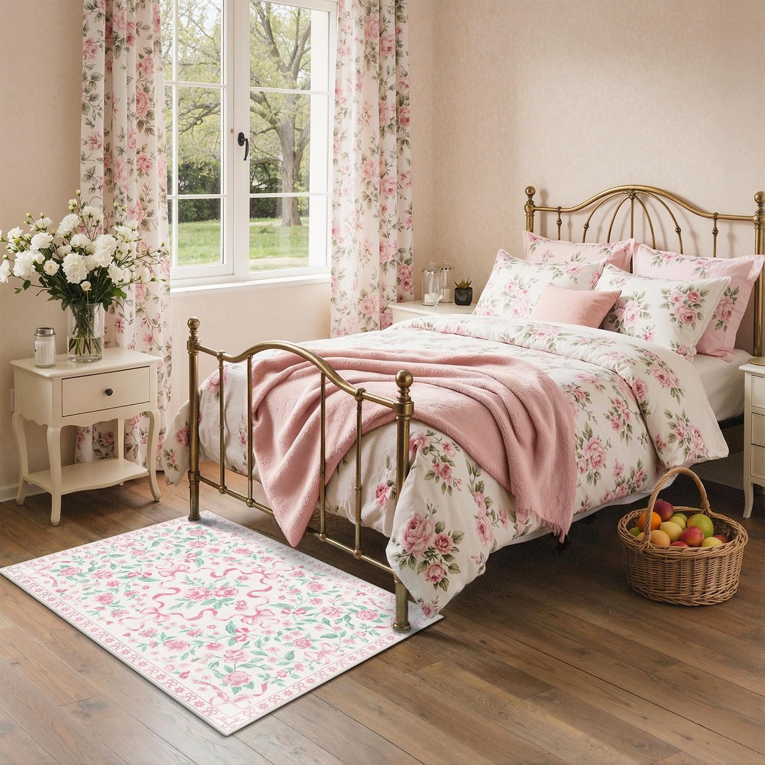 image:imageGENIMO Area Rugs 6X9 for Living Room Bedroom Machine Washable Non Slip Flower Bow Rug Low Pile Soft Cute Floral Rug for Dining Room Girls Room Nursery Room and Playroom Pink BowPink Floral Bow