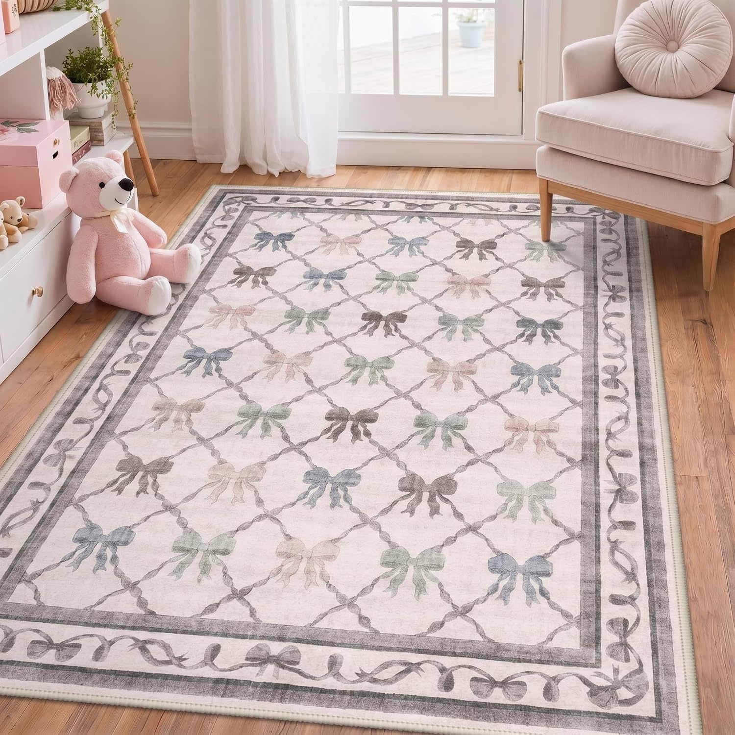 image:imageGENIMO Area Rugs 6X9 for Living Room Bedroom Machine Washable Non Slip Flower Bow Rug Low Pile Soft Cute Floral Rug for Dining Room Girls Room Nursery Room and Playroom Pink BowPastel Multi Bow