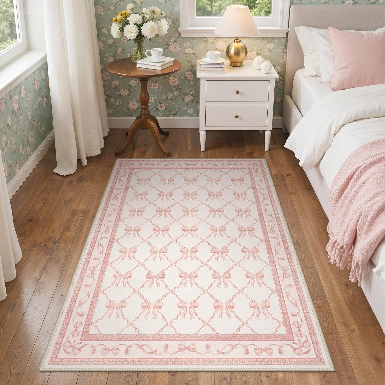 image:imageGENIMO Area Rugs 6X9 for Living Room Bedroom Machine Washable Non Slip Flower Bow Rug Low Pile Soft Cute Floral Rug for Dining Room Girls Room Nursery Room and Playroom Pink BowPink Bow