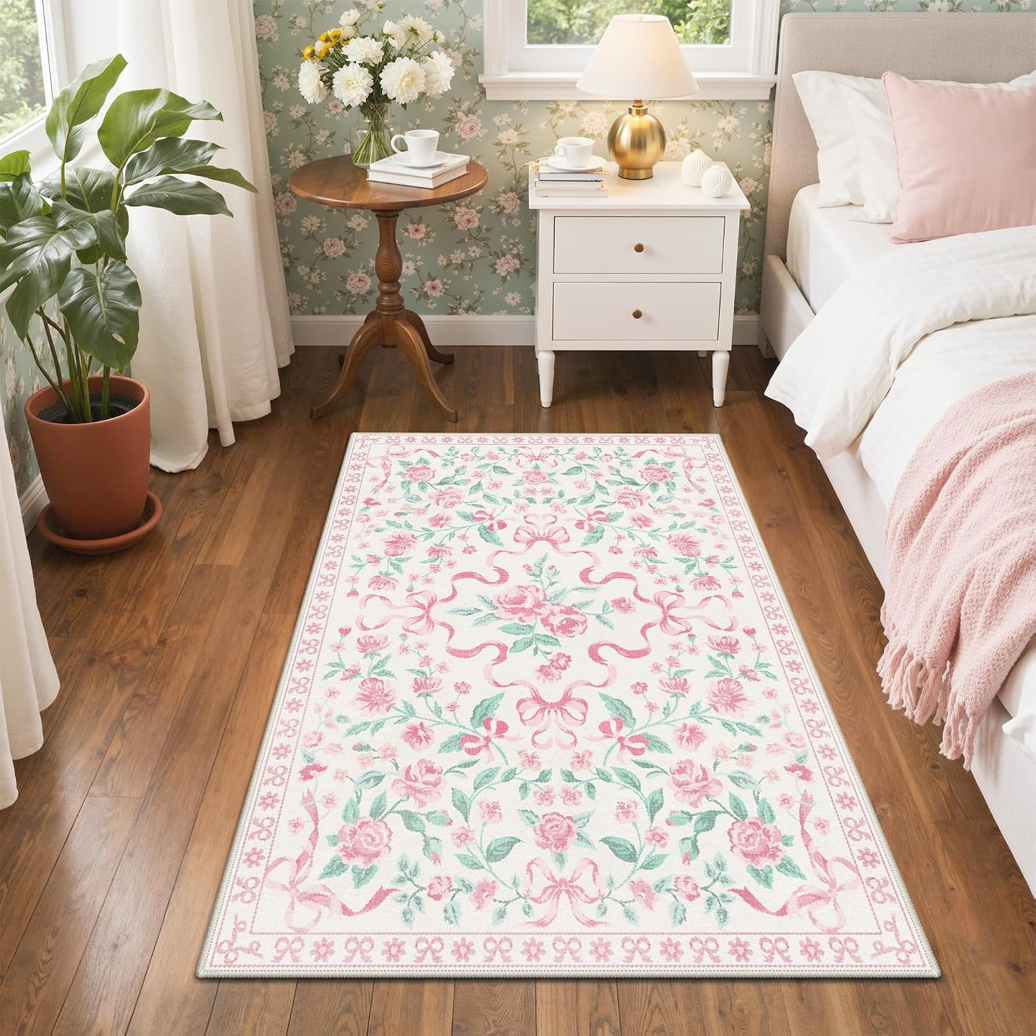 image:imageGENIMO Area Rugs 6X9 for Living Room Bedroom Machine Washable Non Slip Flower Bow Rug Low Pile Soft Cute Floral Rug for Dining Room Girls Room Nursery Room and Playroom Pink BowPink Floral Bow