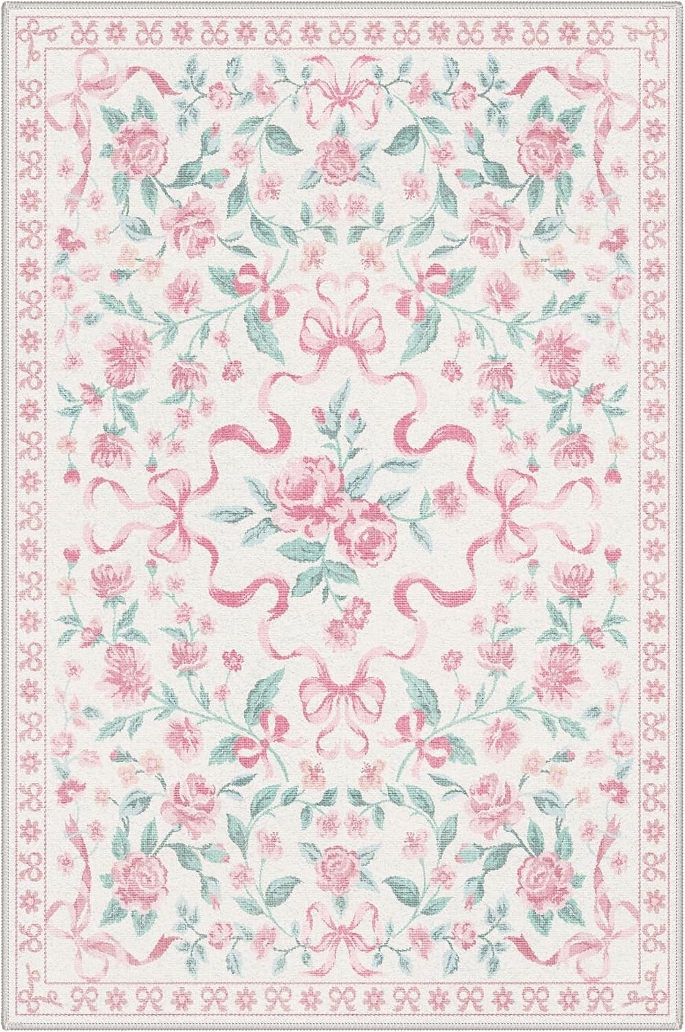 image:imageGENIMO Area Rugs 6X9 for Living Room Bedroom Machine Washable Non Slip Flower Bow Rug Low Pile Soft Cute Floral Rug for Dining Room Girls Room Nursery Room and Playroom Pink BowPink Floral Bow