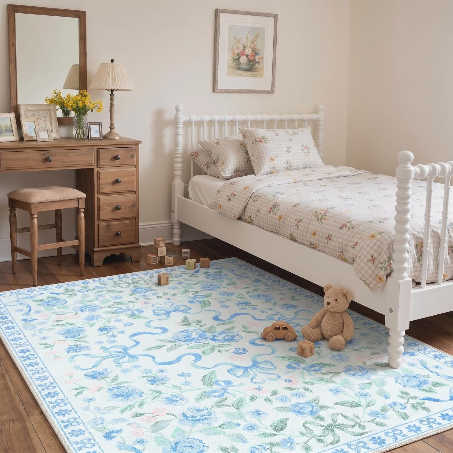 image:imageGENIMO Area Rugs 6X9 for Living Room Bedroom Machine Washable Non Slip Flower Bow Rug Low Pile Soft Cute Floral Rug for Dining Room Girls Room Nursery Room and Playroom Pink BowBlue Floral Bow